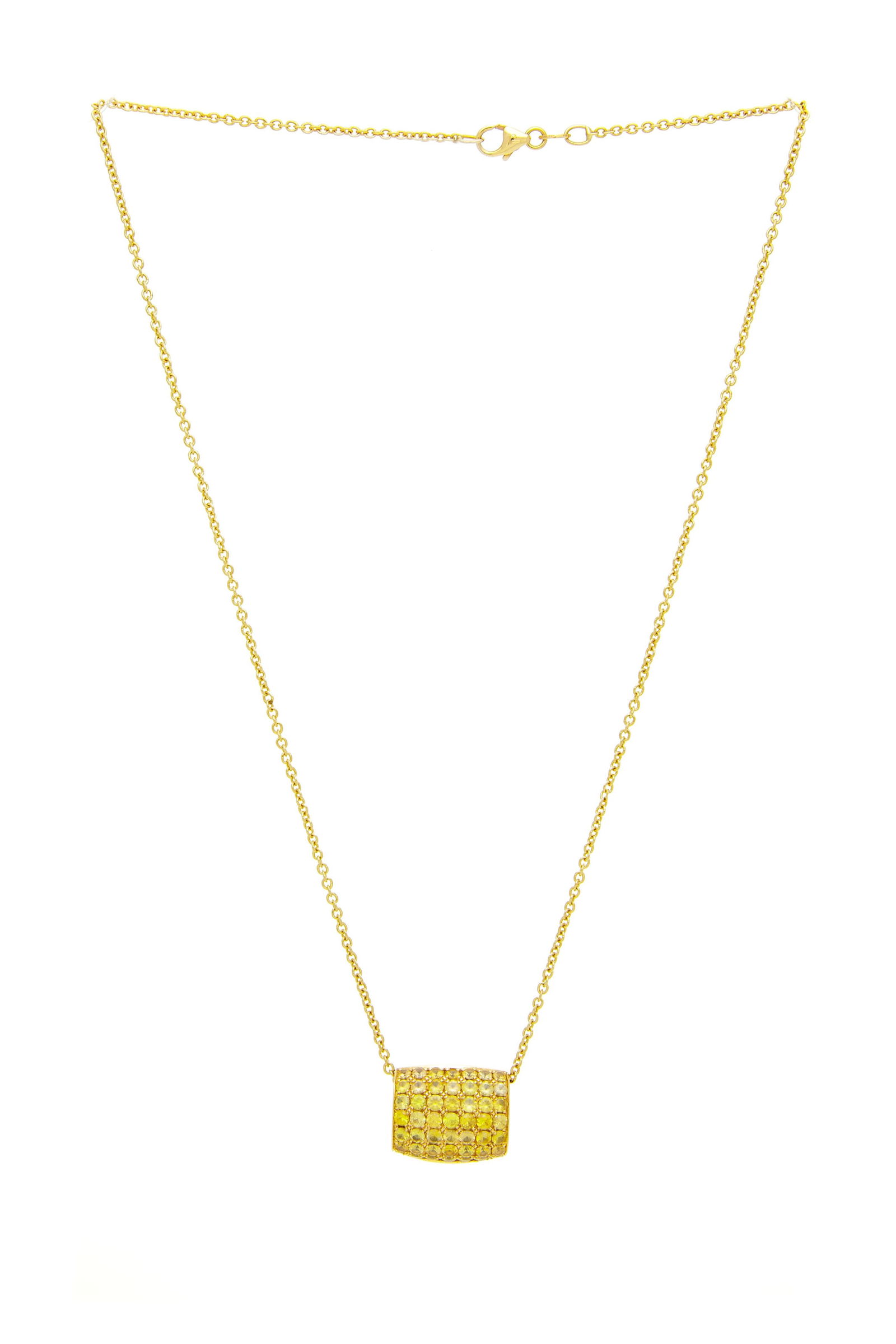 Piaget, Dancer, pendentif en or 750 pavé de saphirs jaunes, sur sa chaîne en or 750 à: Piaget, Dancer, pendentif en or 750 pavé de saphirs jaunes, sur sa chaîne en or 750 à maille forçat, signés, pendentif numéroté B50905, h. 1.3 cm, long. 42 cm,