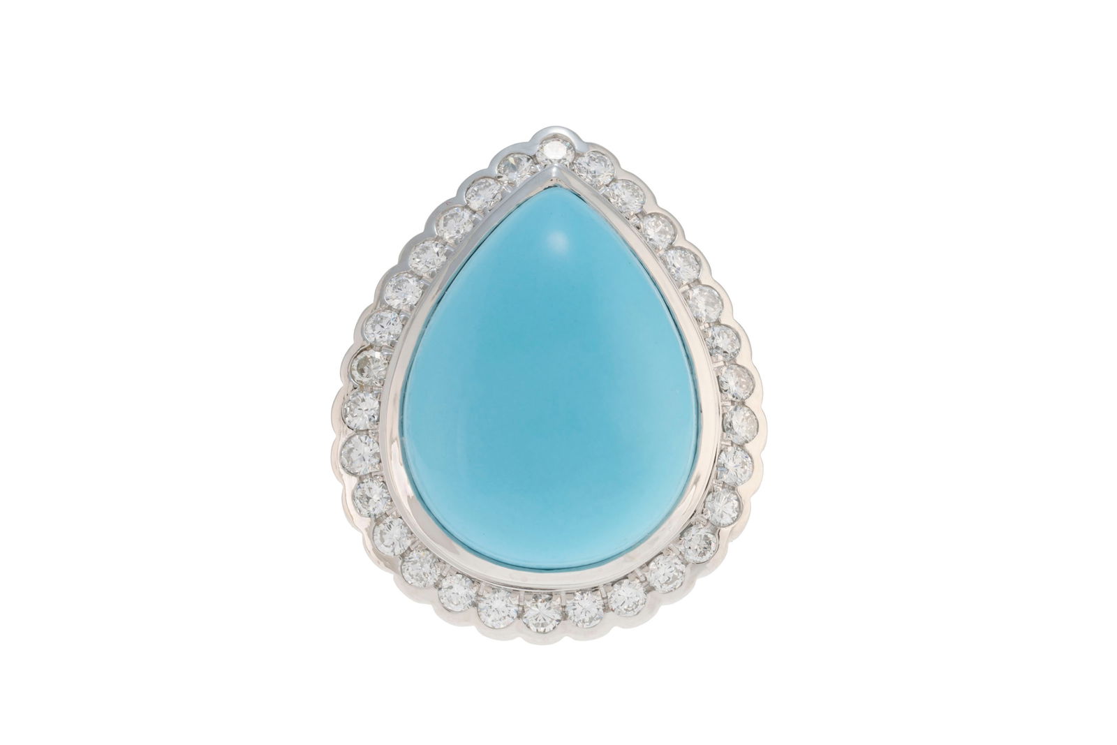 Bague or gris 750 sertie d'une goutte de turquoise entourée de diamants taille brillant, doigt  (1 of 4)