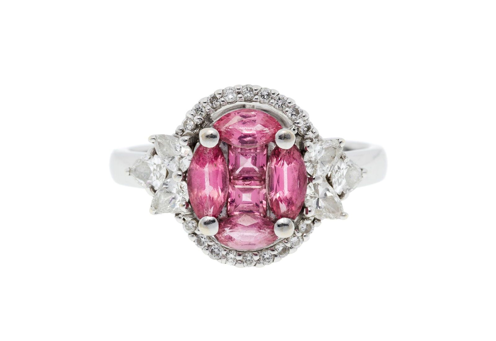 Bague "Illusion" or gris 750 sertie de saphirs roses taille marquise et carré entourés de : Bague "Illusion" or gris 750 sertie de saphirs roses taille marquise et carré entourés de diamants taille brillant et goutte, doigt 56-16 Condition Bon état de conservation gén