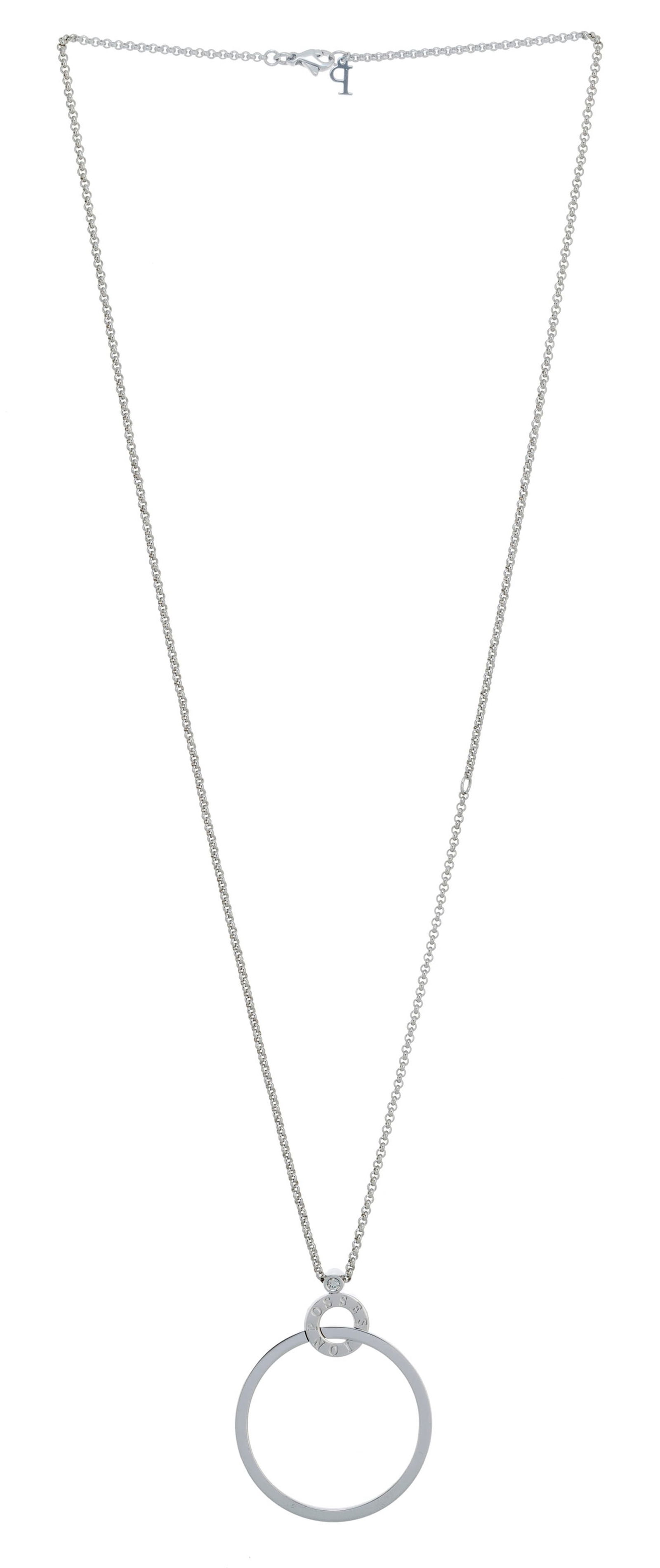 Piaget, Possession, collier or gris 750 à motifs de cercles entrelacés et serti d'un diama: Piaget, Possession, collier or gris 750 à motifs de cercles entrelacés et serti d'un diamant taille brillant sur sa chaîne à maille forçat ronde signé, numéroté