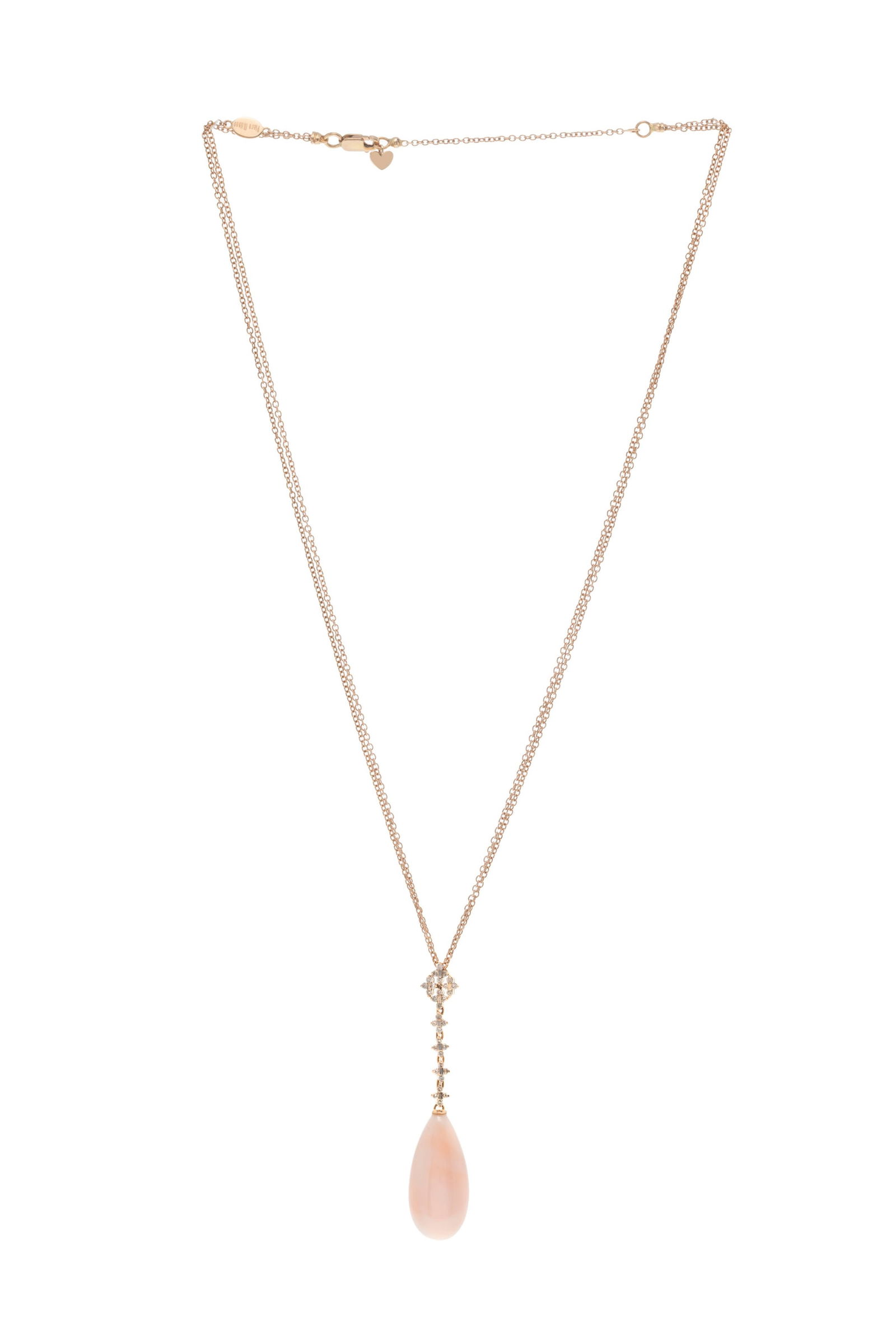 Piero Milano, collier or rose 750, double chaines à maille forçat retenant un pendentif se: Piero Milano, collier or rose 750, double chaines à maille forçat retenant un pendentif serti de diamants bruns taille brillant et retenant une goutte de corail rose, signé, long. cha&#