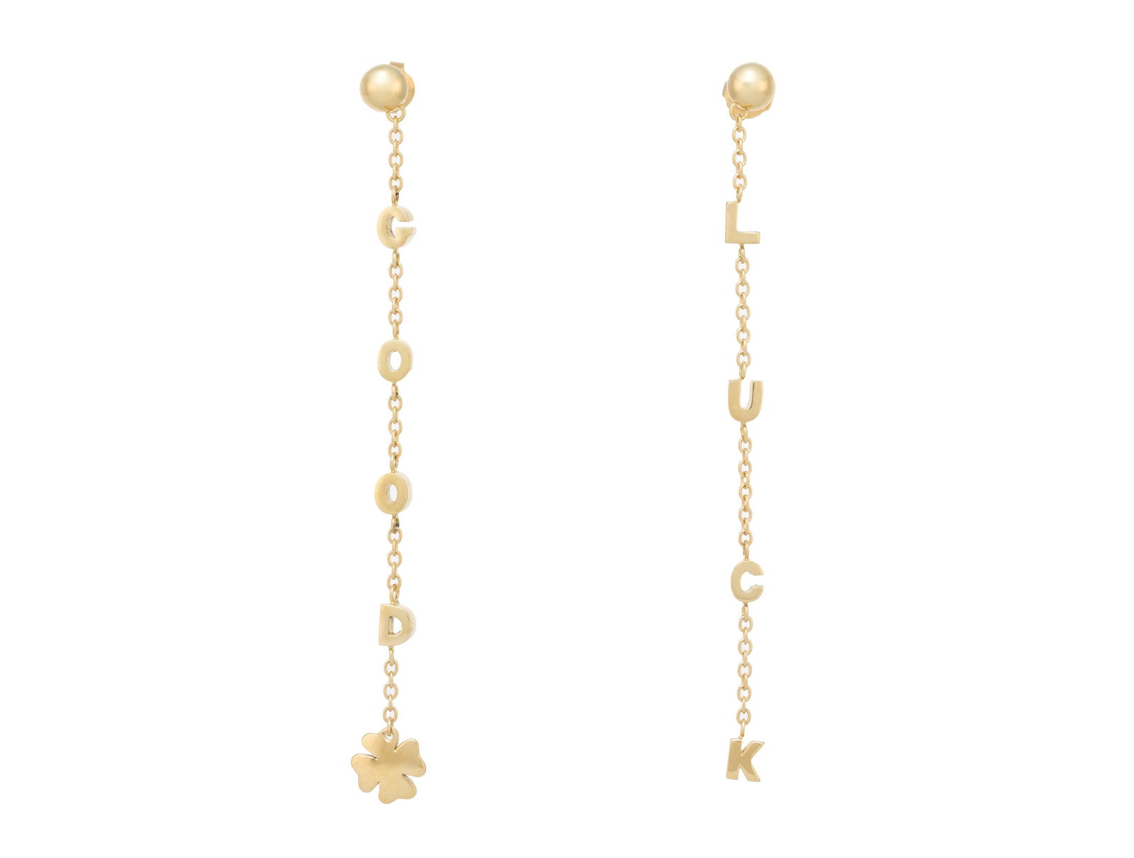 Paire de pendants d’oreilles or 750 en cascade de lettres 'GOOD' et 'LUCK', long. 9.5 cm, 11g: Paire de pendants d’oreilles or 750 en cascade de lettres 'GOOD' et 'LUCK', long. 9.5 cm, 11g ConditionBon état de conservation général Présence de micro rayures et rayures