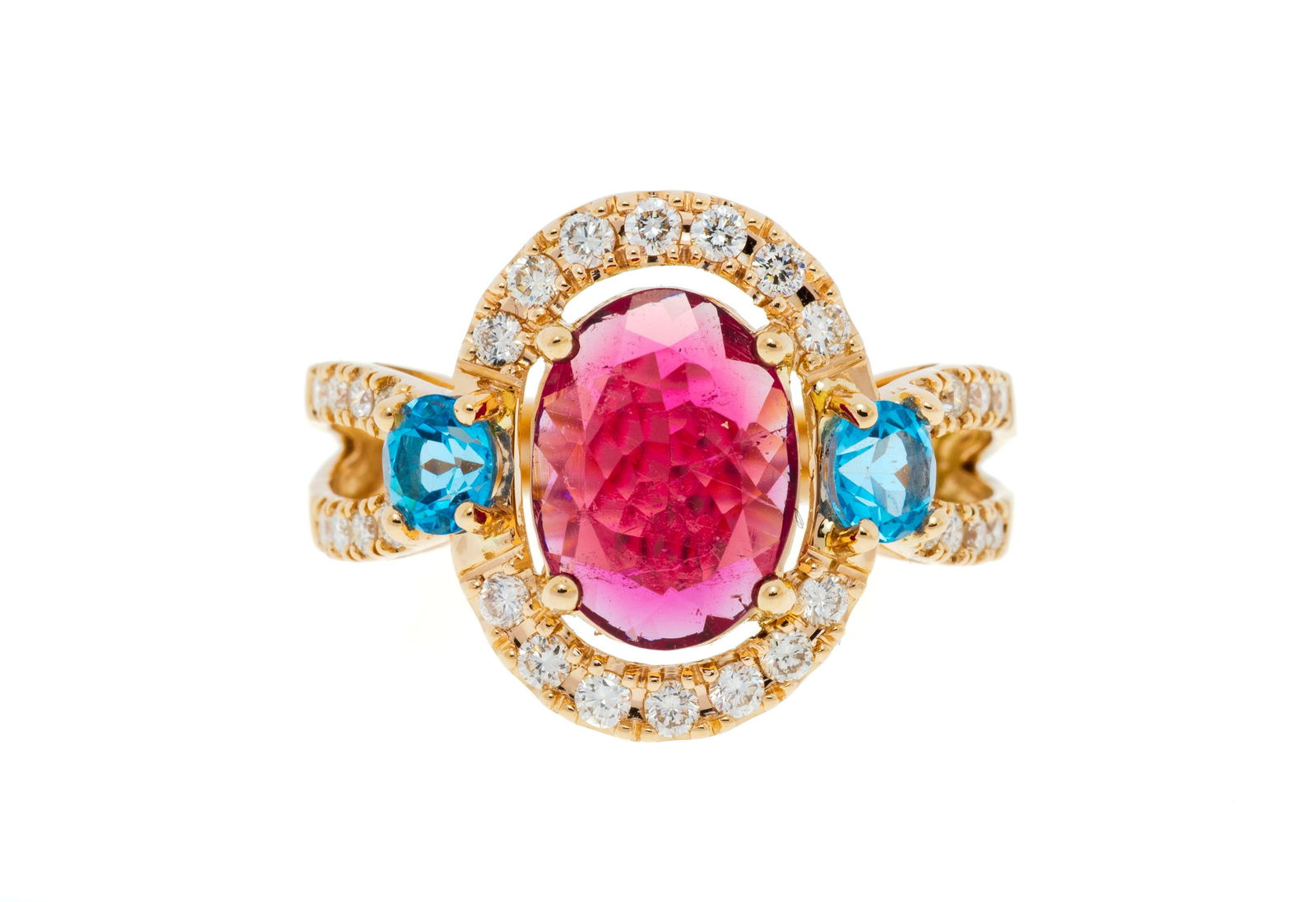 Bague or rose 750 sertie d'une tourmaline rose taille ovale épaulée de topazes taille rond (1 of 3)