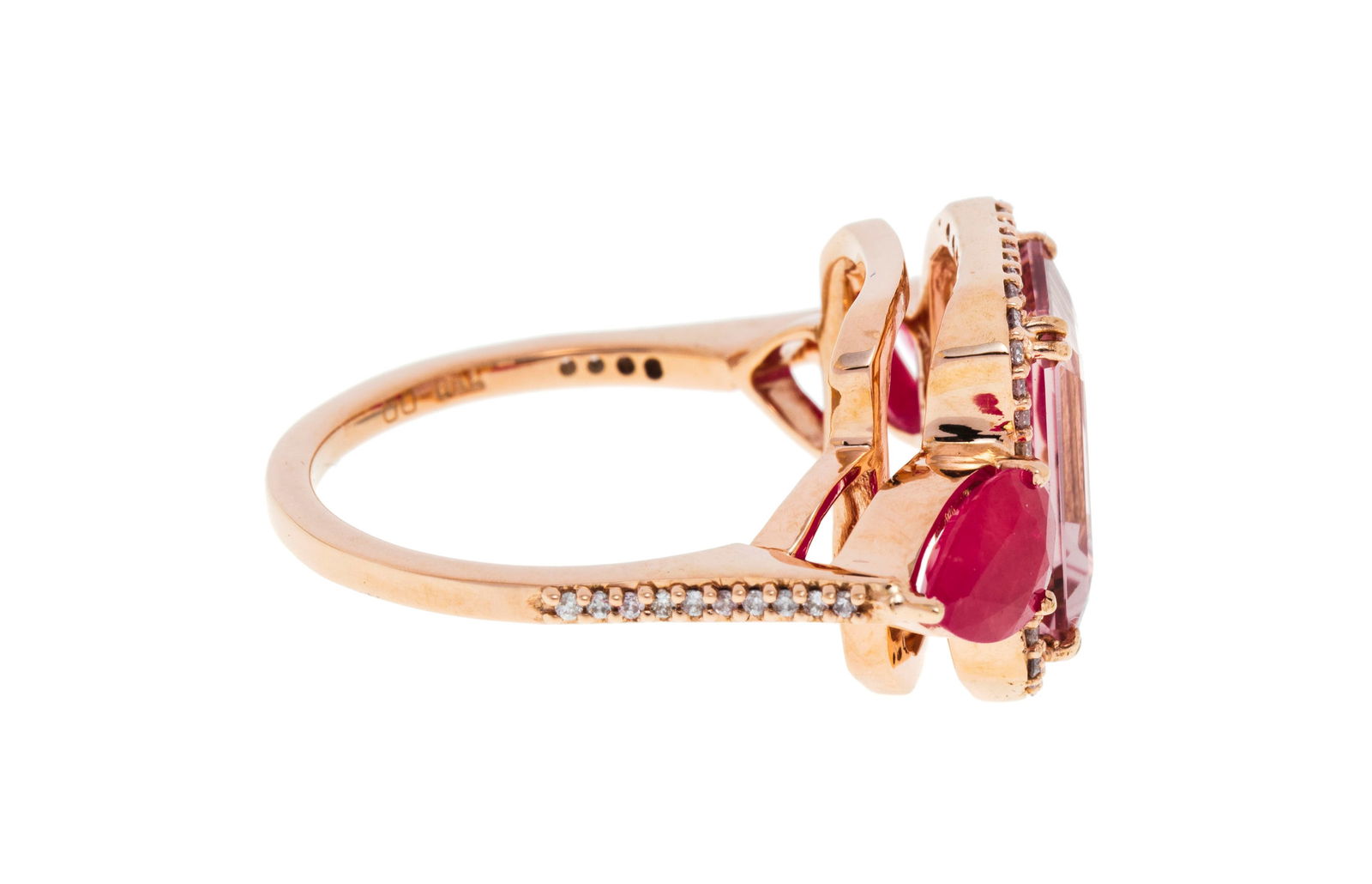 Bague or rose 750 sertie d'une morganite taille émeraude et de rubis taille poire entourés - 2