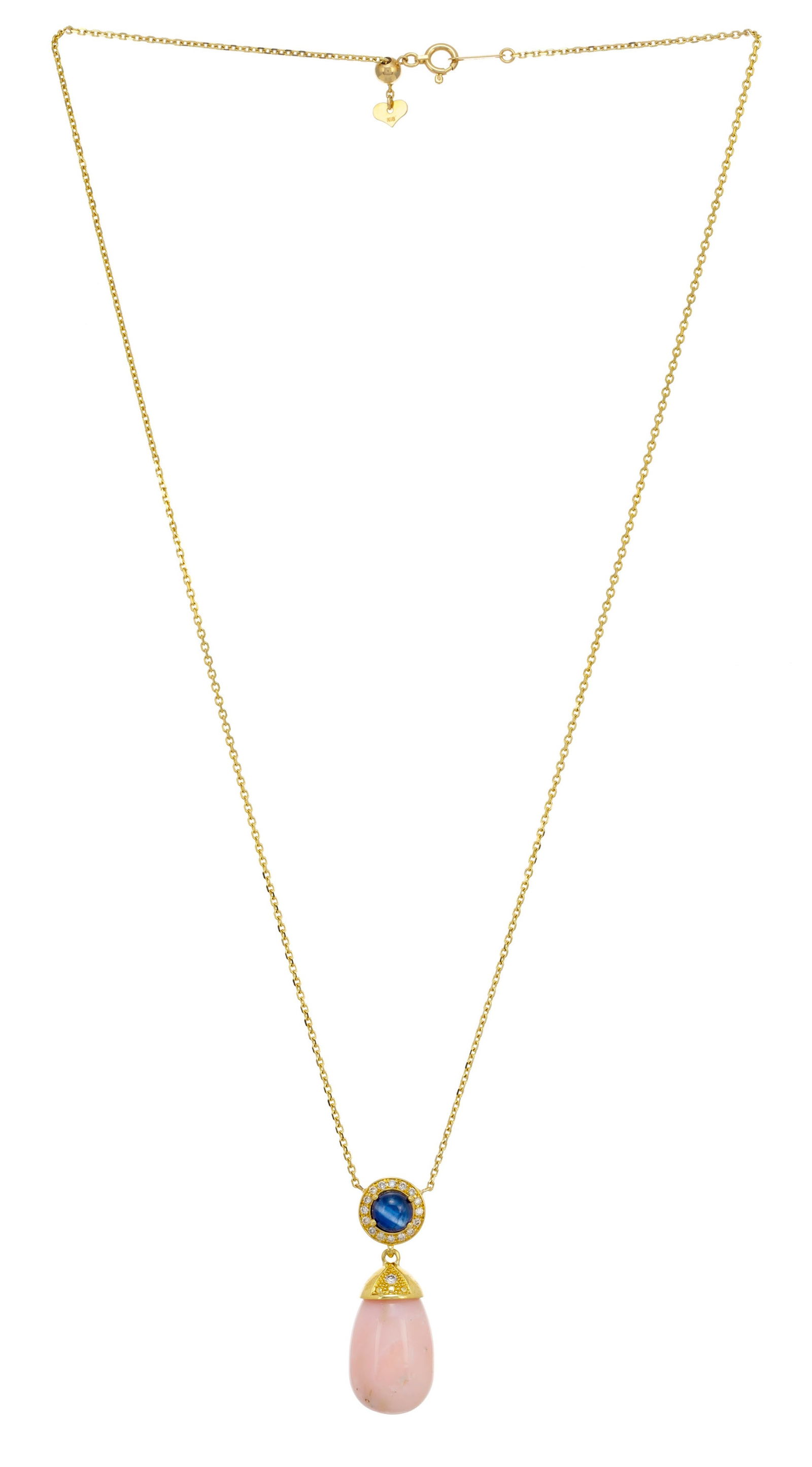 Collier or 750 à maille forçat retenant en pendentif goutte d'opale rose rehaussée d': Collier or 750 à maille forçat retenant en pendentif goutte d'opale rose rehaussée d'un cabochon de saphir entouré de diamants taille brillant, long. 45 cm Condition Bon état