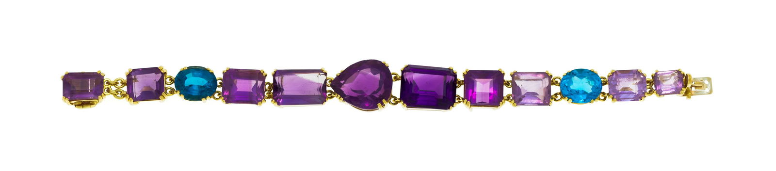 Bracelet or 750 serti d'améthystes et de topazes de différentes tailles, long. 17.5 cm, 56: Bracelet or 750 serti d'améthystes et de topazes de différentes tailles, long. 17.5 cm, 56g ConditionBon état de conservation général. Présence de rayures et micro