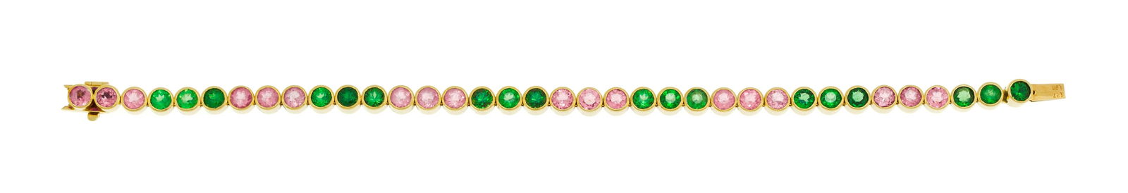 Bracelet rivière or 750 serti de tourmalines roses et de tsavorites taille rond, long. 17.7 cm,: Bracelet rivière or 750 serti de tourmalines roses et de tsavorites taille rond, long. 17.7 cm, 19g ConditionMonture: Bon état de conservation général. Présence de micro