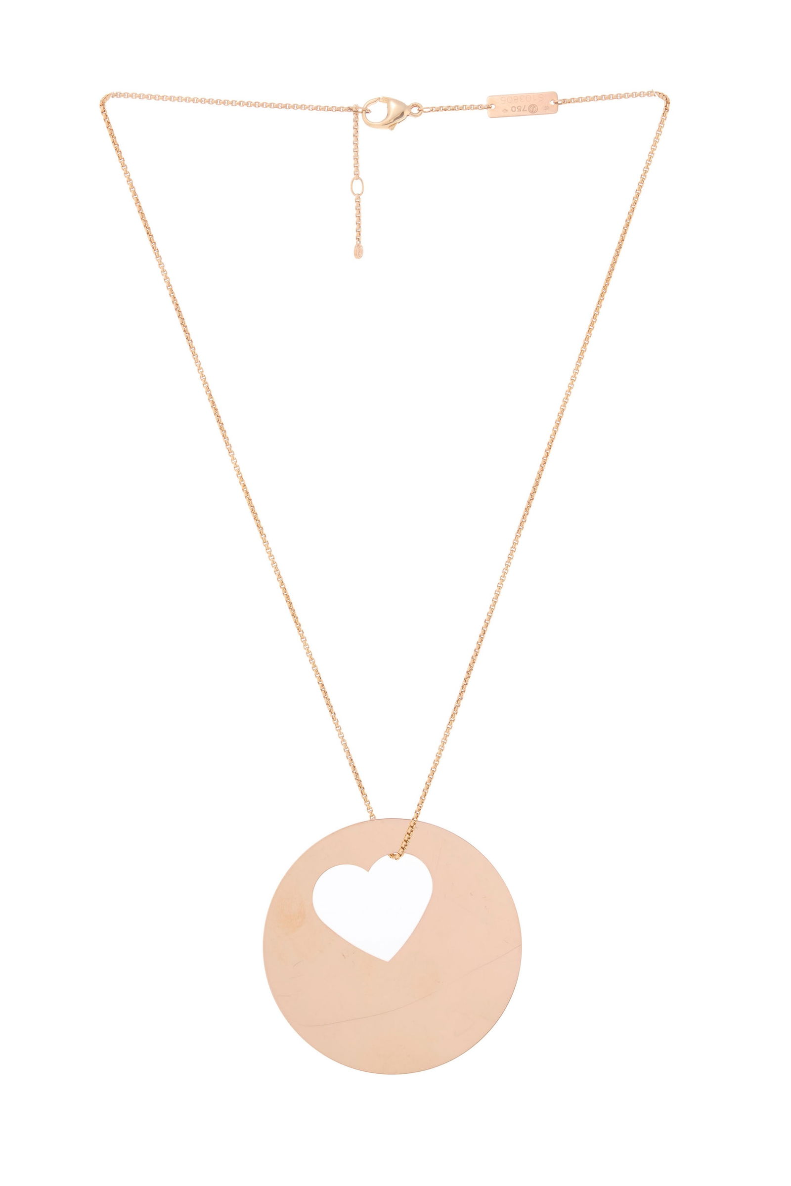 Roger Dubuis, pendentif circulaire or rose 750 ajouré d'un cœur sur sa chaîne RD en o: Roger Dubuis, pendentif circulaire or rose 750 ajouré d'un cœur sur sa chaîne RD en or rose 750 à maille vénitienne, signés, numérotés M500561 et S103805, h. 4.