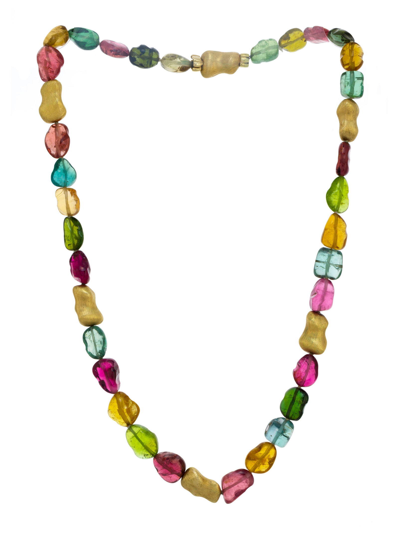 Collier composé d'éléments or 585 finition satinée en forme de galets altern: Collier composé d'éléments or 585 finition satinée en forme de galets alternés de galets de tourmalines roses et vertes ainsi que de topazes, long. 50 cm ConditionBon