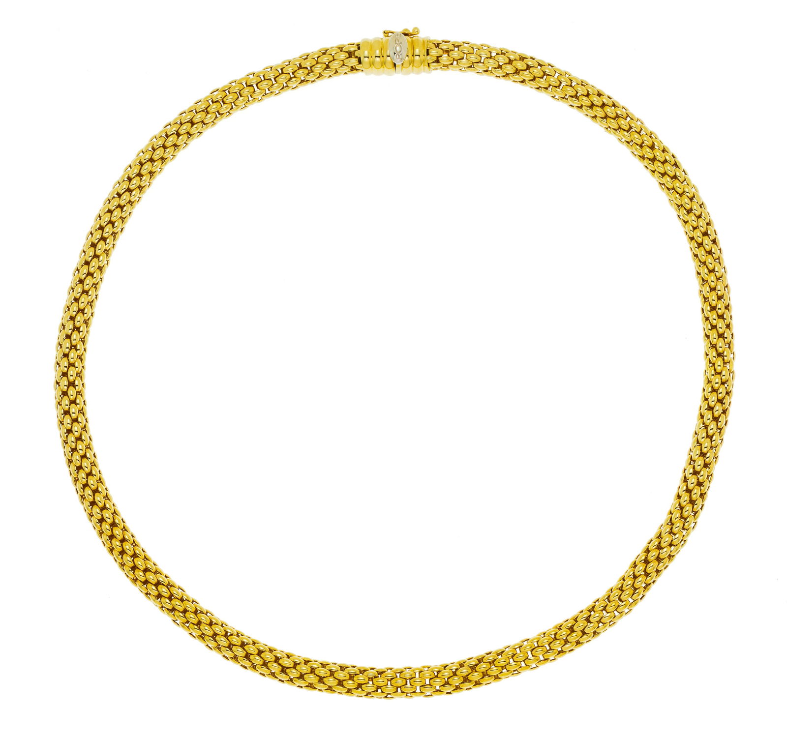 Fope, collier or 750 formé de petits maillons bombés, signé, long. 45 cm, 57g: Fope, collier or 750 formé de petits maillons bombés, signé, long. 45 cm, 57g Condition Très bon état de conservation général. Présence de micro rayures d'usage