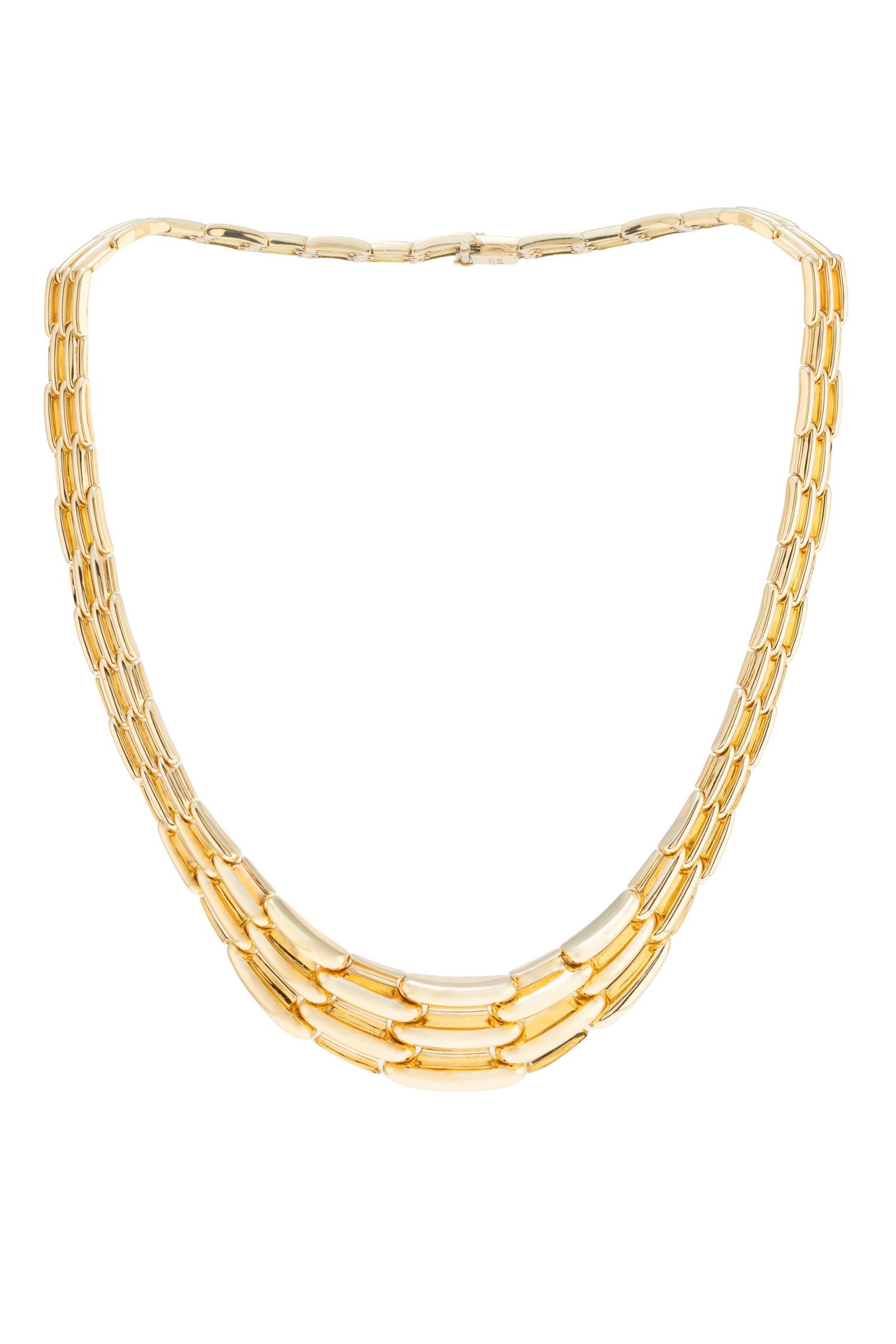 Gübelin, collier or 750 articulé de maillons en chute, signé, long. 40 cm, 89g: Gübelin, collier or 750 articulé de maillons en chute, signé, long. 40 cm, 89g Condition Très bon état de conservation général. Présence de micro rayures d'usag