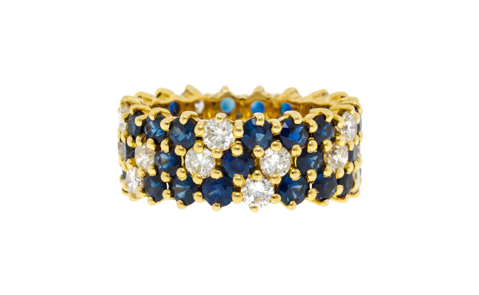 Anneau or 750 serti de diamants alternés de saphirs taille rond, doigt 58-18: Anneau or 750 serti de diamants alternés de saphirs taille rond, doigt 58-18 ConditionBon état de conservation général Présence de micro rayures et rayures d'usage normal 