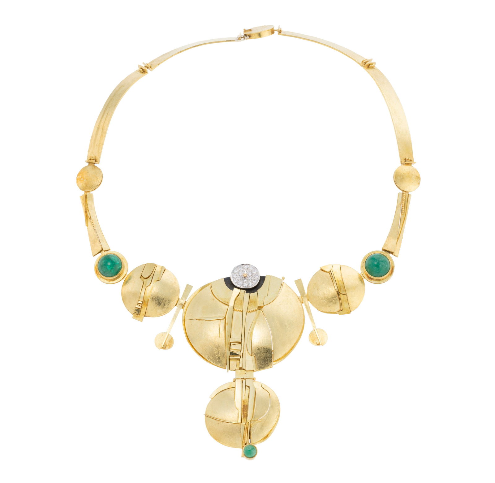 Othmar Zschaler, collier années 1970 articulé d'éléments circulaires et allong&#: Othmar Zschaler, collier années 1970 articulé d'éléments circulaires et allongés décorés de motifs abstraits et sertis de cabochons d'émeraude ainsi que de