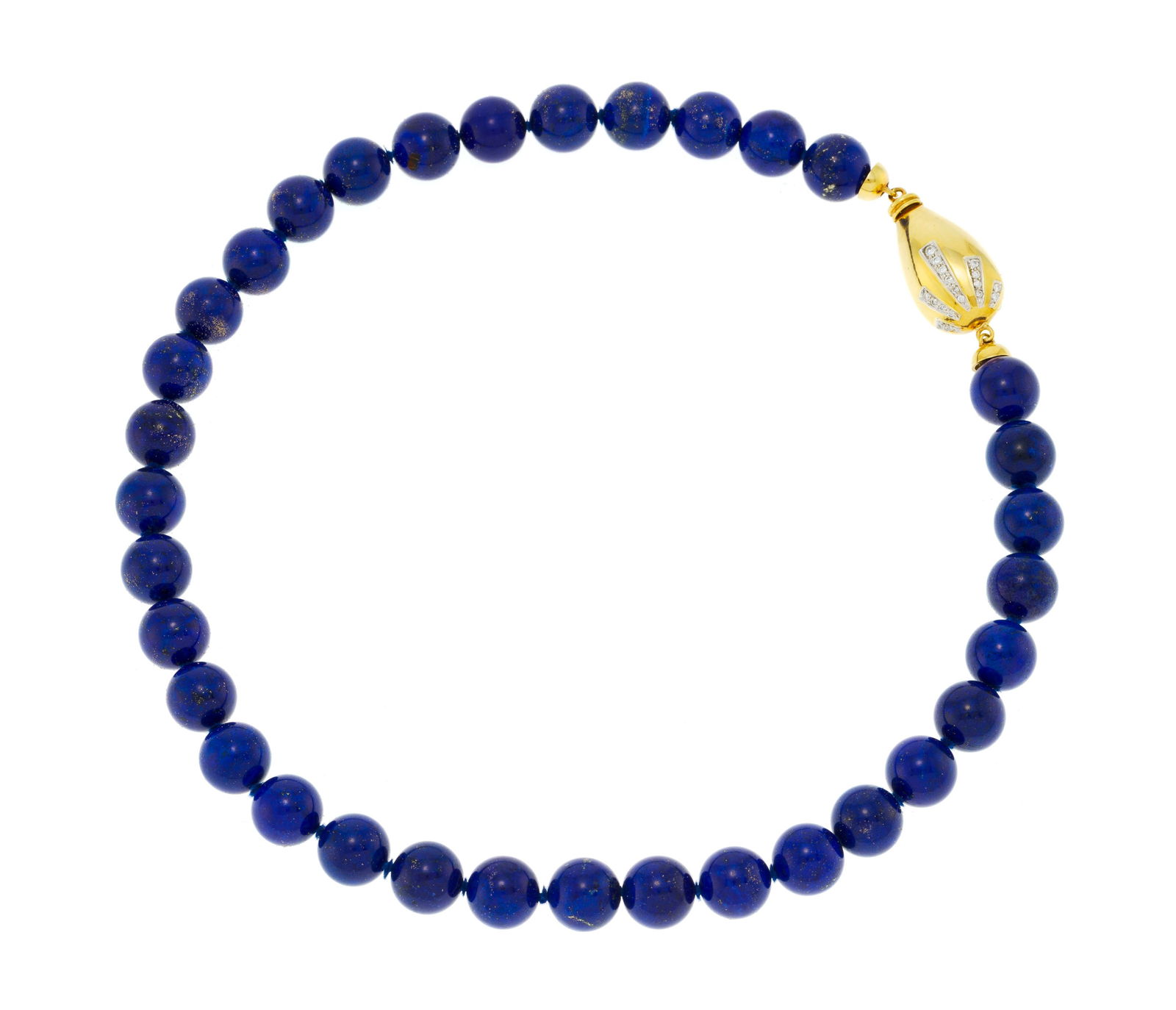 Bucherer, collier 1 rang de billes de lapis-lazuli, fermoir 2 ors 750 serti de diamants taille brill (1 of 3)