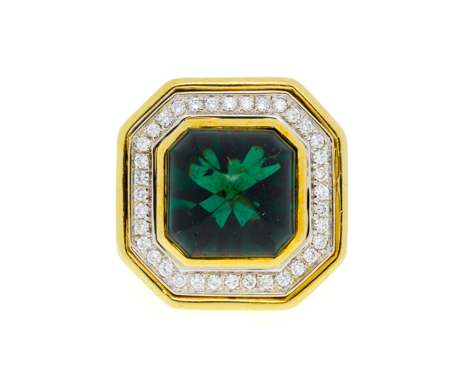 Bucherer, bague 2 ors 750 sertie d'une tourmaline pain de sucre entourée de diamants taille bri (1 of 5)