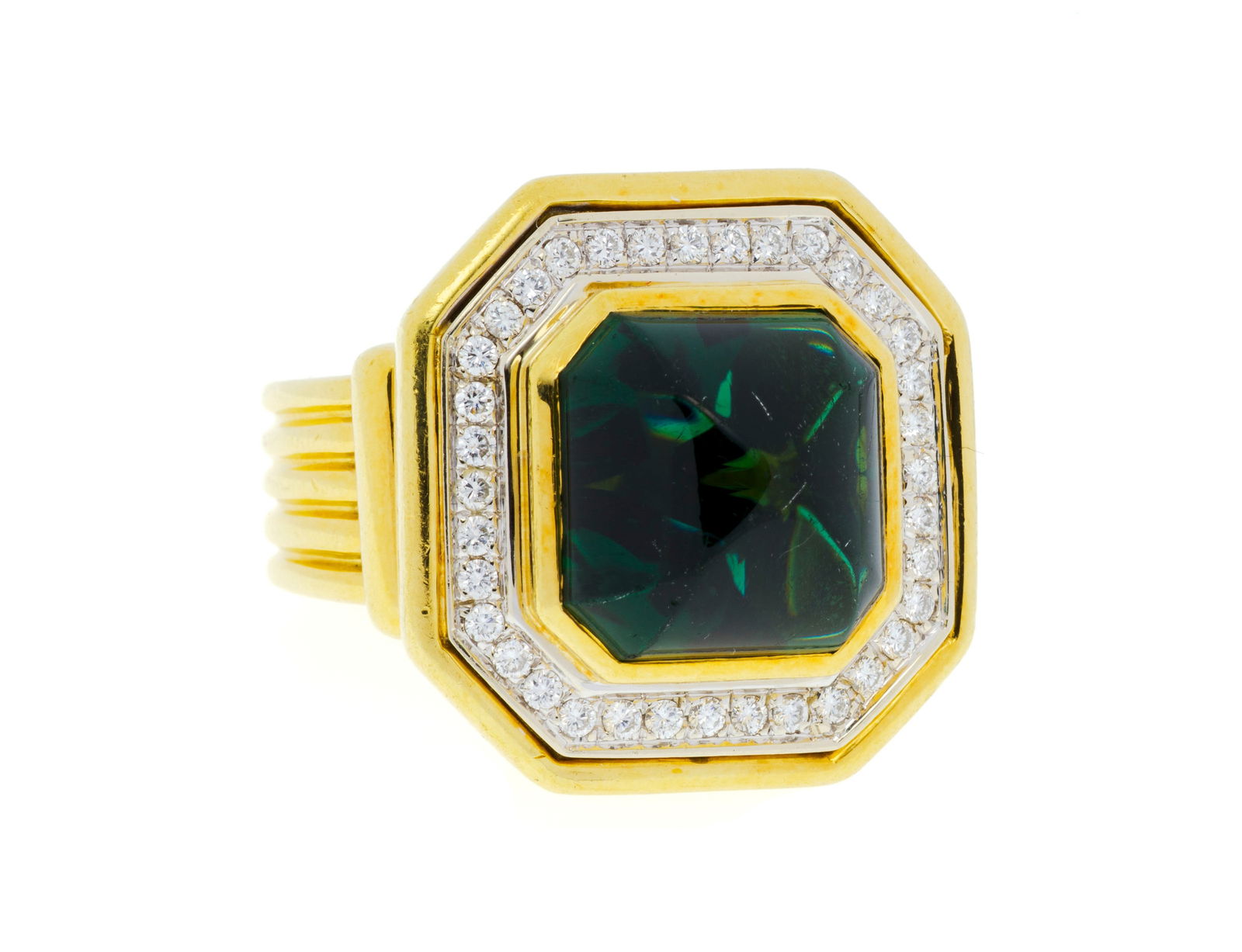 Bucherer, bague 2 ors 750 sertie d'une tourmaline pain de sucre entourée de diamants taille bri - 2