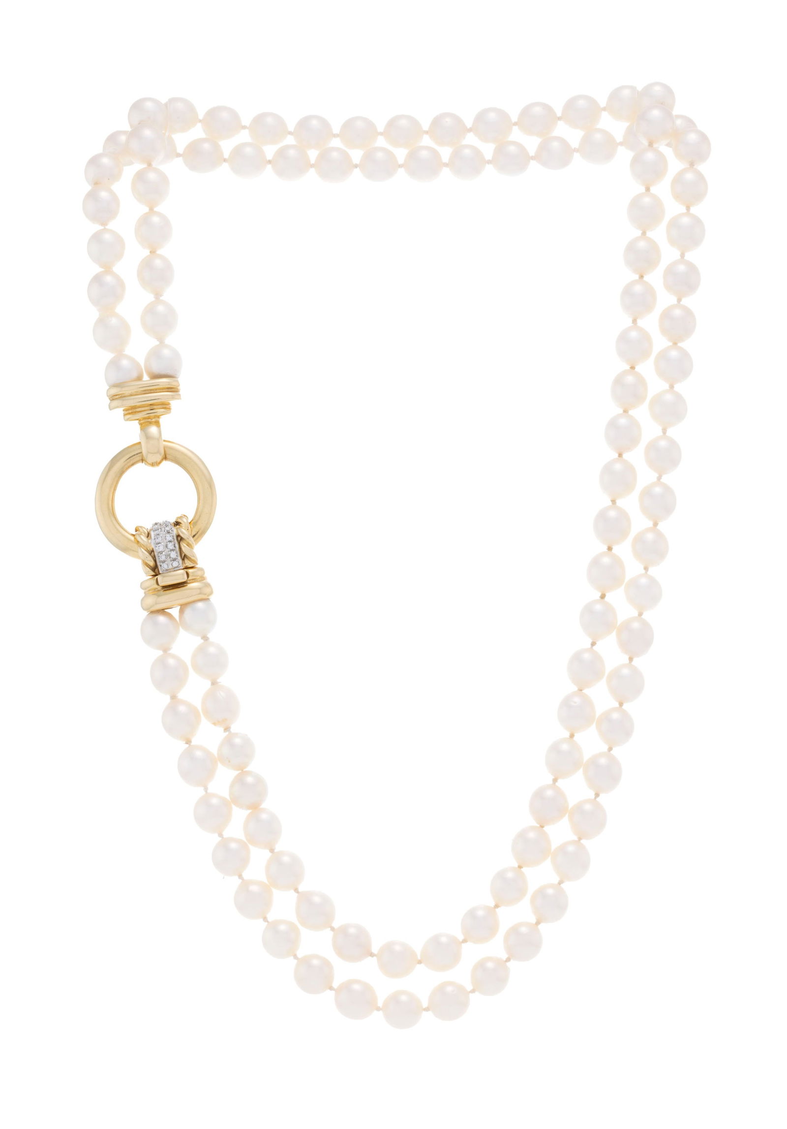 Bucherer, collier double rangs de perles Akoya blanches, fermoir 2 ors 750 serti de diamants taille  (1 of 4)
