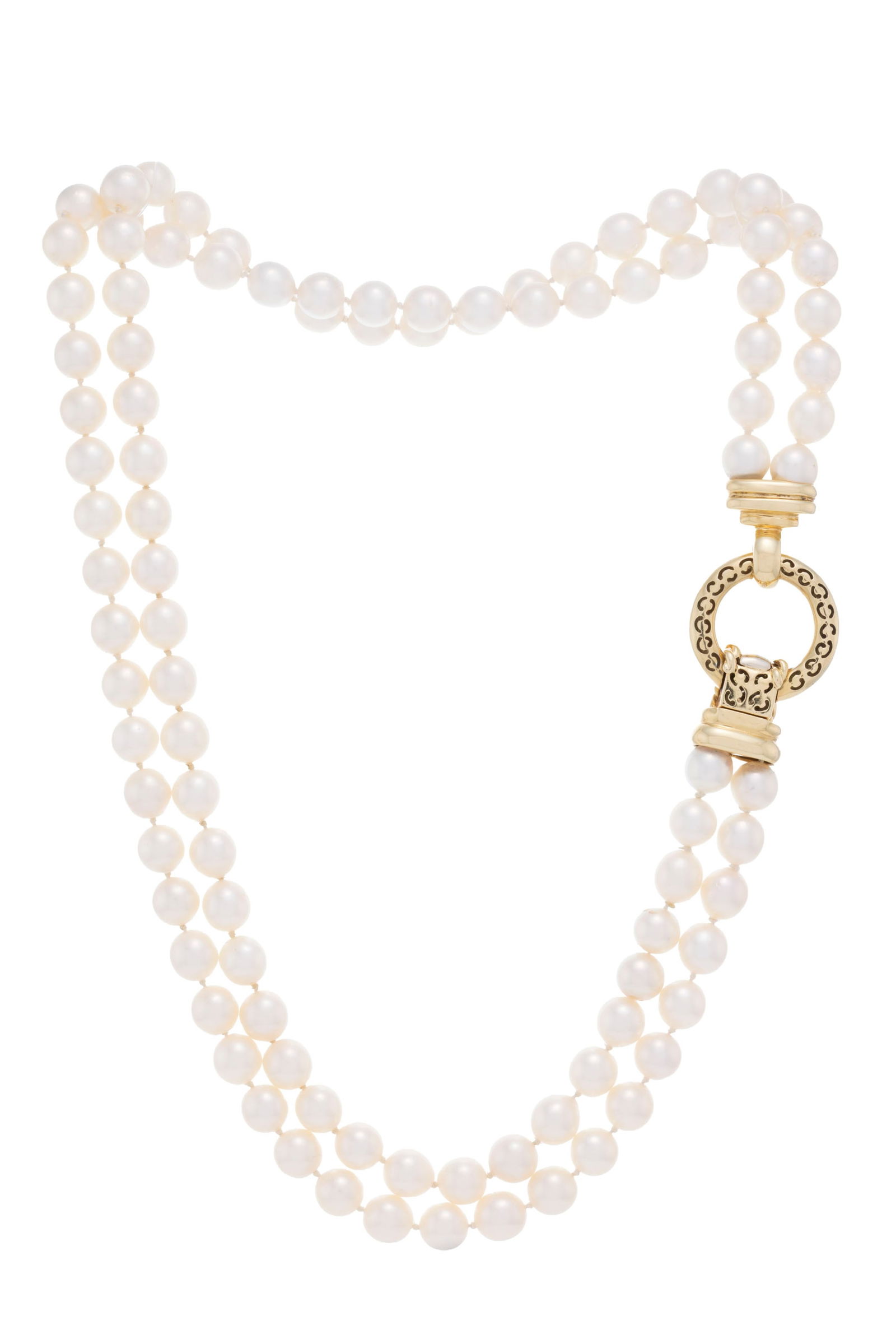 Bucherer, collier double rangs de perles Akoya blanches, fermoir 2 ors 750 serti de diamants taille  - 3