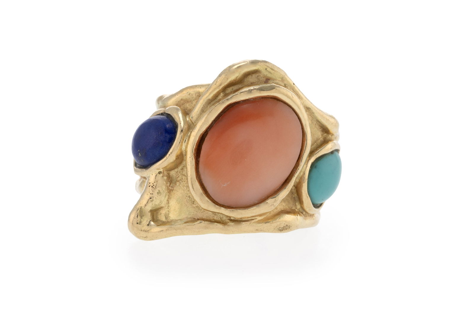 Bague or 750 ornée de trois cabochons de turquoise, corail et lapis-lazuli, doigt 57-17, 12g C (1 of 3)