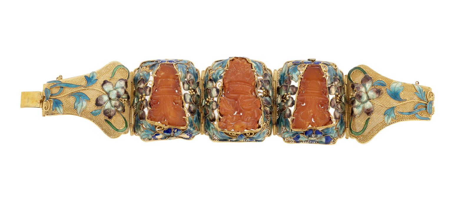 Bracelet, Chine, moderne, or 750 composé de cinq éléments à motif végé: Bracelet, Chine, moderne, or 750 composé de cinq éléments à motif végétal émaillé en polychromie, centrant trois plaquettes en ambre gravé à