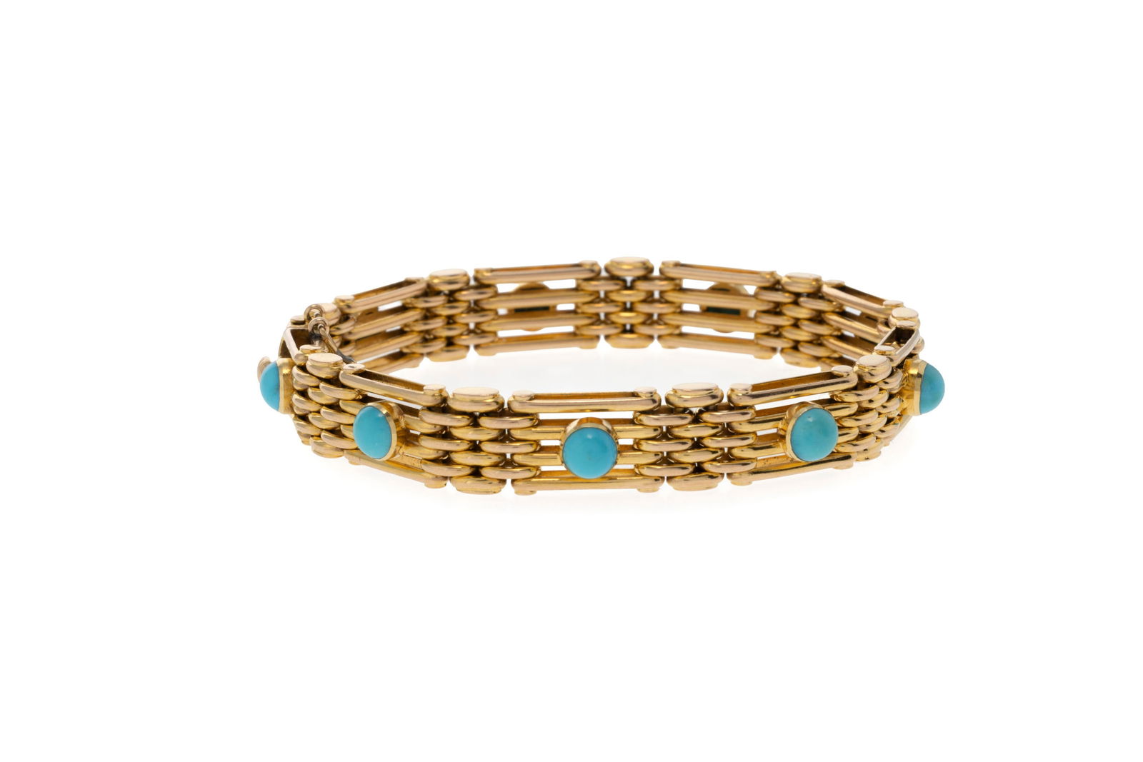 Bracelet or 585 composé de maillons allongés surmontés de cabochons de turquoise, cir - 2