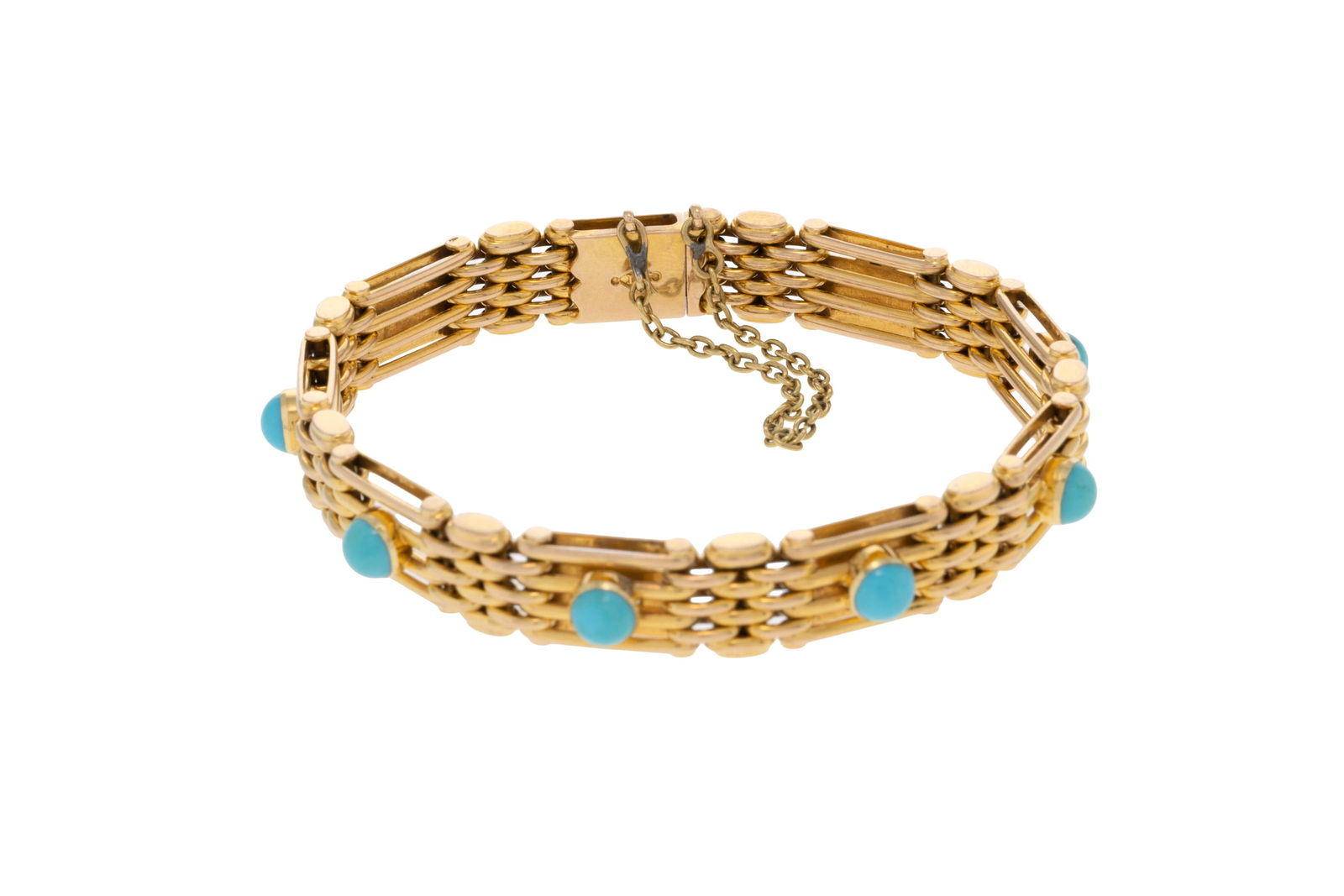 Bracelet or 585 composé de maillons allongés surmontés de cabochons de turquoise, cir - 3