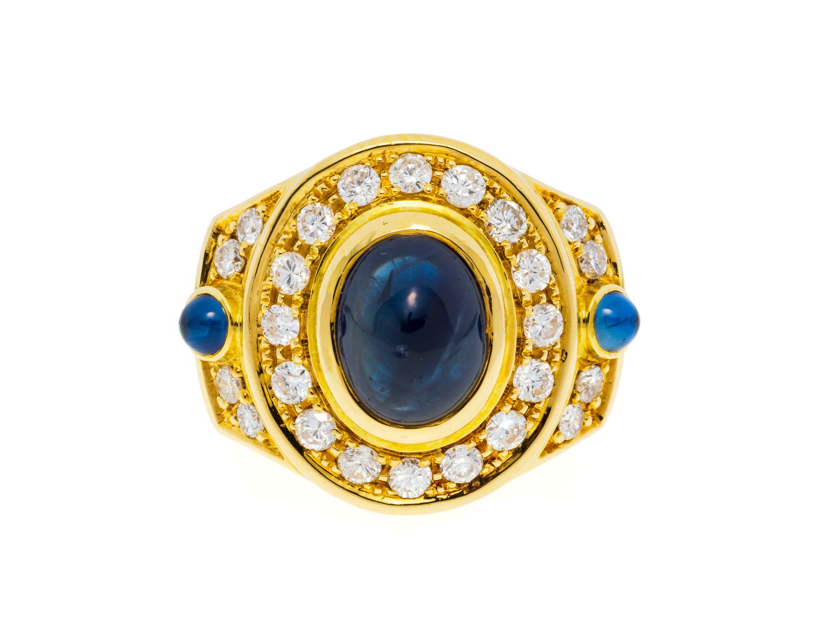 Bague or 750 sertie de cabochons de saphir entourés de diamants taille brillant, doigt 52-12, 1: Bague or 750 sertie de cabochons de saphir entourés de diamants taille brillant, doigt 52-12, 14g ConditionBon état de conservation général. Présence de rayures et micro