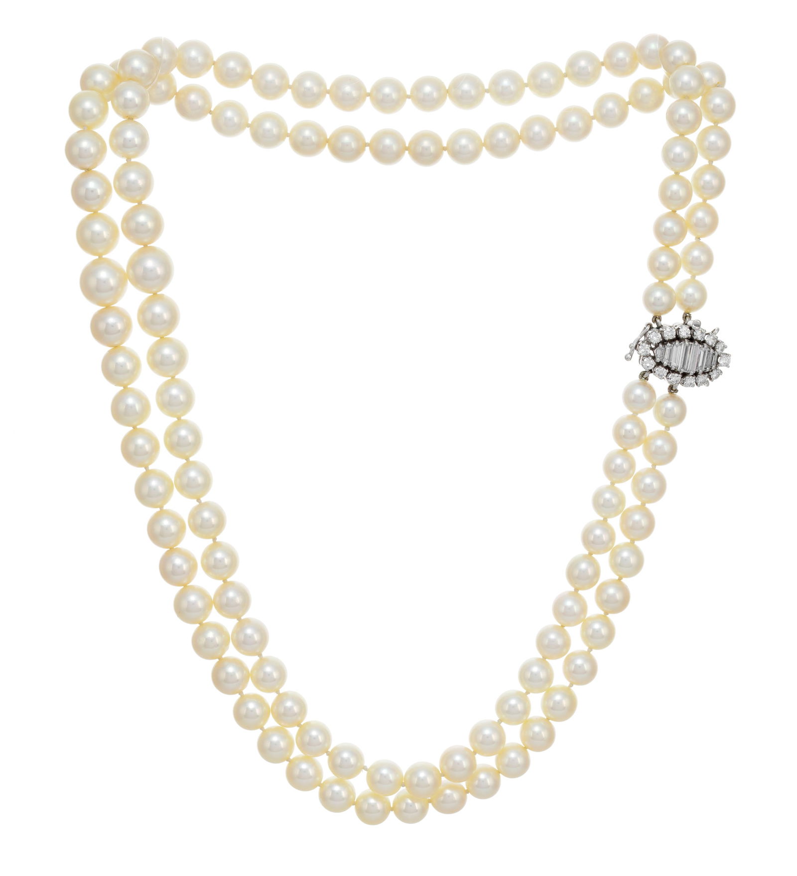 Collier 2 rangs de perles de culture blanches en chute, fermoir or gris 750 serti de diamants taille (1 of 4)