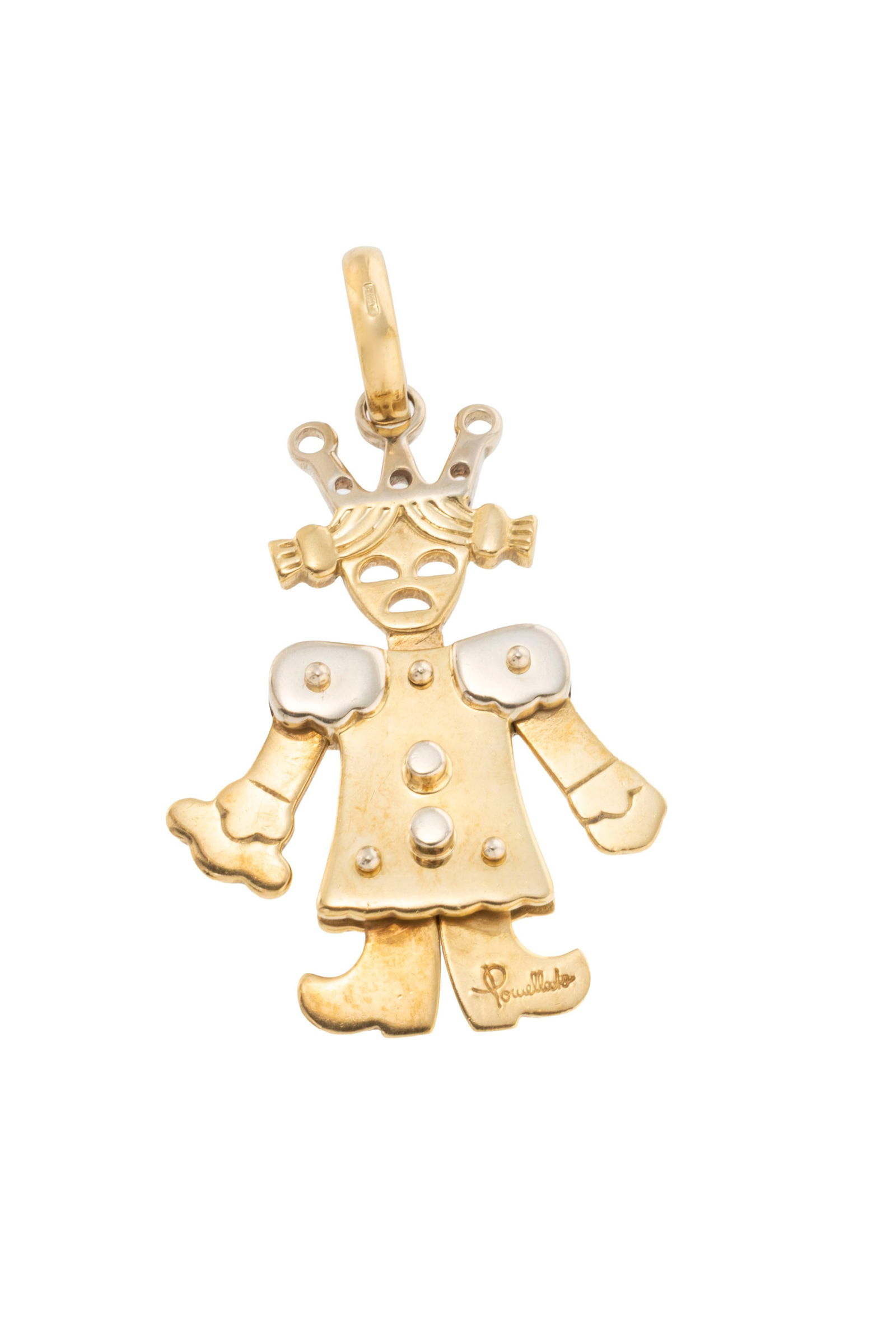 Pomellato, pendentif princesse articulé or 750, signé, h. 4.3 cm, 11g: Pomellato, pendentif princesse articulé or 750, signé, h. 4.3 cm, 11g ConditionBon état de conservation général. Présence de rayures et micro rayures d'usage normal. 