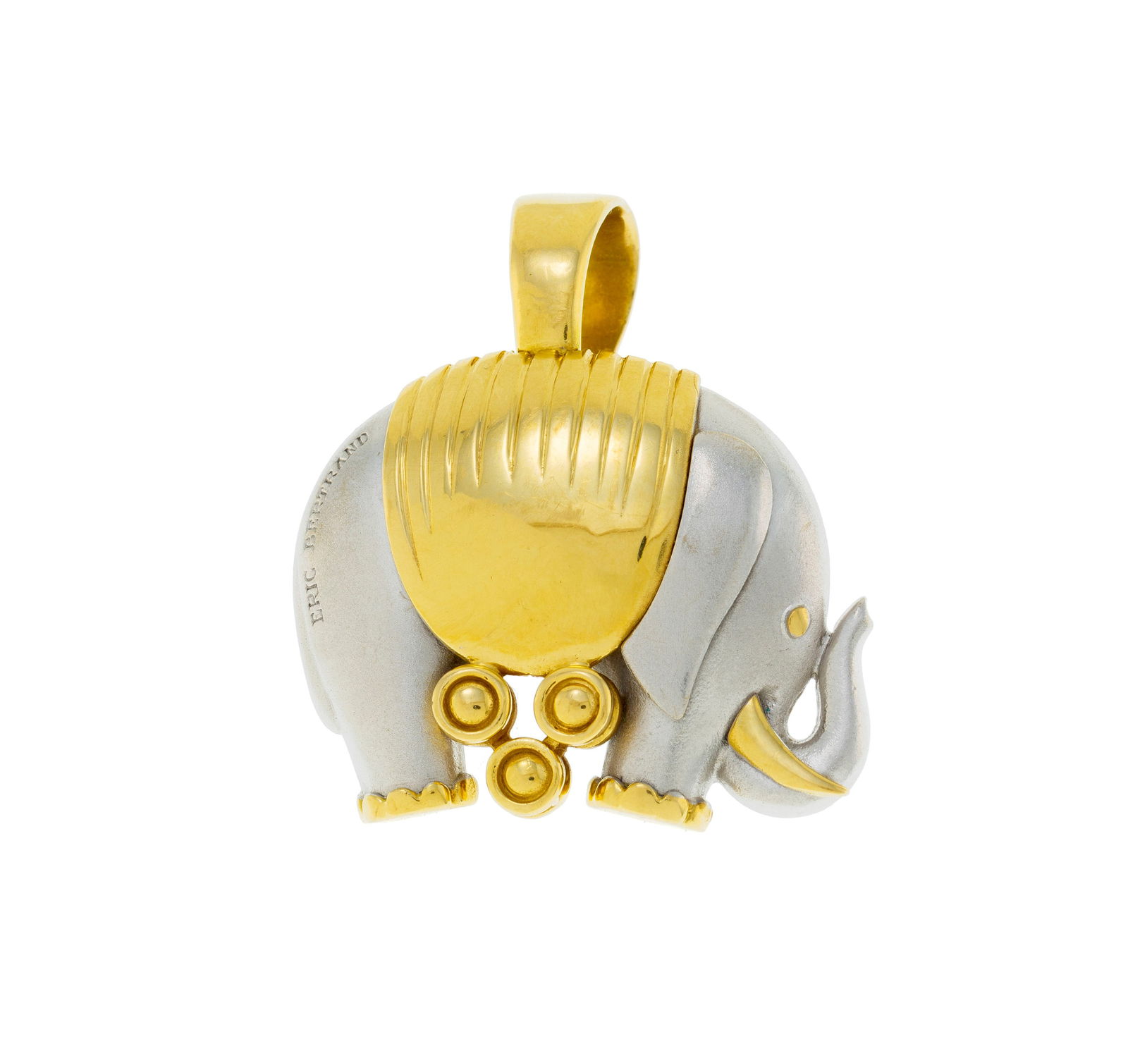 Eric Bertrand, pendentif éléphant 2 ors 750 sablés, signé, h. 3.7 cm, 14g: Eric Bertrand, pendentif éléphant 2 ors 750 sablés, signé, h. 3.7 cm, 14g ConditionBon état de conservation général. Présence de rayures et micro rayures
