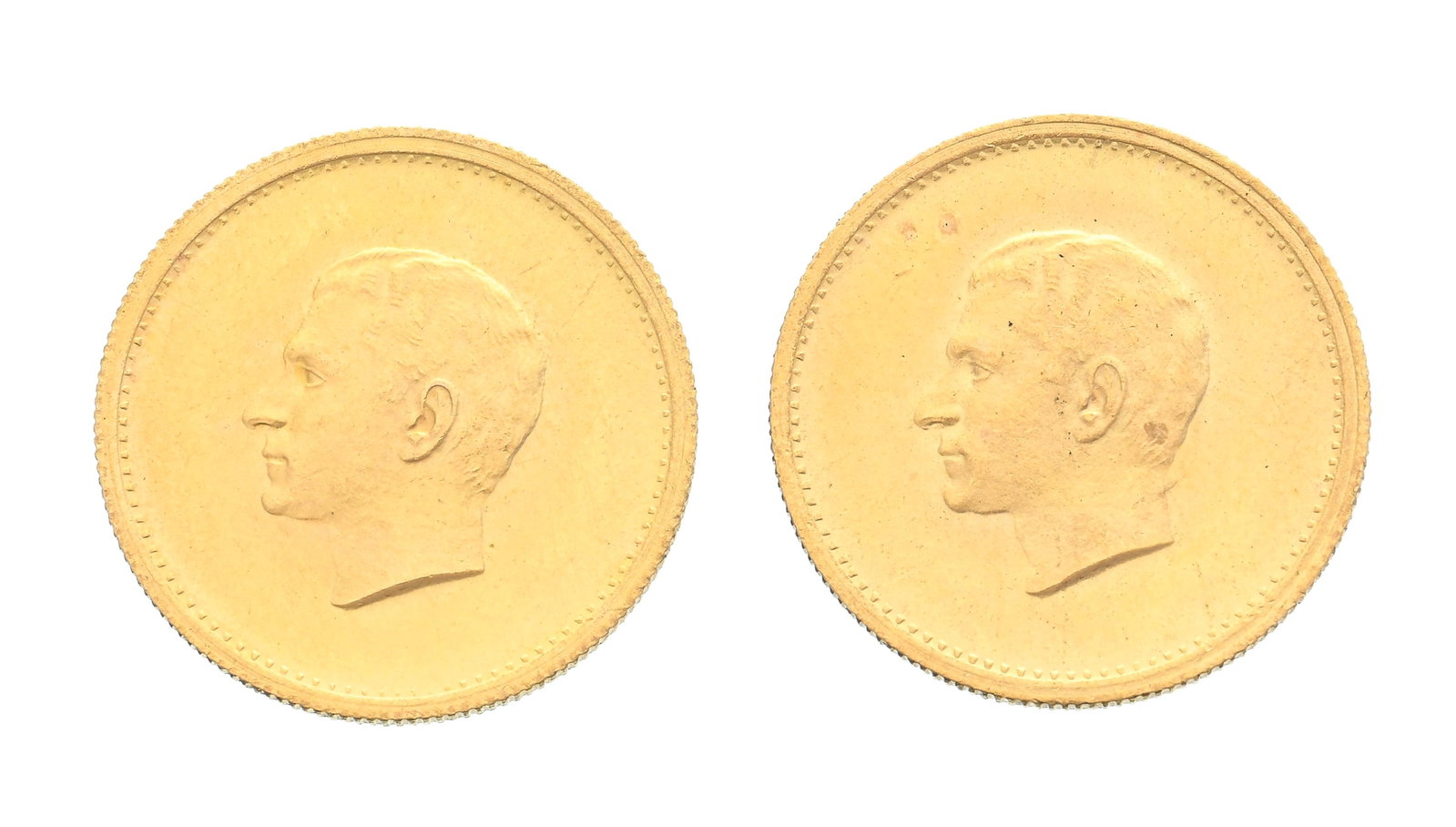 Royaume d'Iran, Mohammad Reza Pahlavi (1941-1979), "Les 2.500 ans de l'Empire Perse", 2 médaill: Royaume d'Iran, Mohammad Reza Pahlavi (1941-1979), "Les 2.500 ans de l'Empire Perse", 2 médailles commémoratives en or, 1350SH/1971, petit module, tranche striée, diam. 2,25 cm, 8,9 g.