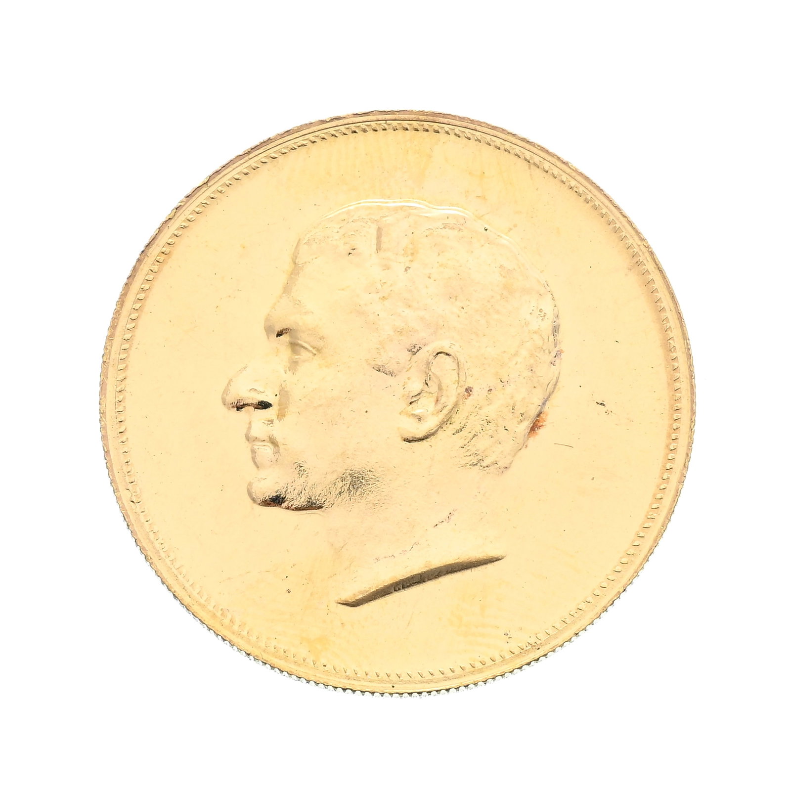 Royaume d'Iran, "Les 25 ans de règne de Mohammad Reza Pahlavi", 1966 (1344SH), médaille en: Royaume d'Iran, "Les 25 ans de règne de Mohammad Reza Pahlavi", 1966 (1344SH), médaille en or, tranche cannelée, diam. 3,7 cm, 34,8 g. Condition État de conservation : Veuillez
