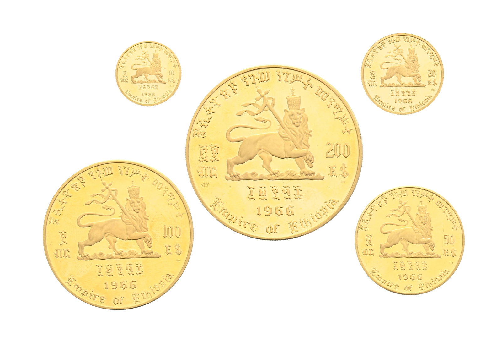 Empire d'Éthiopie, Coffret - série complète de cinq monnaies en or 900 (200 $, 100 $, - 2