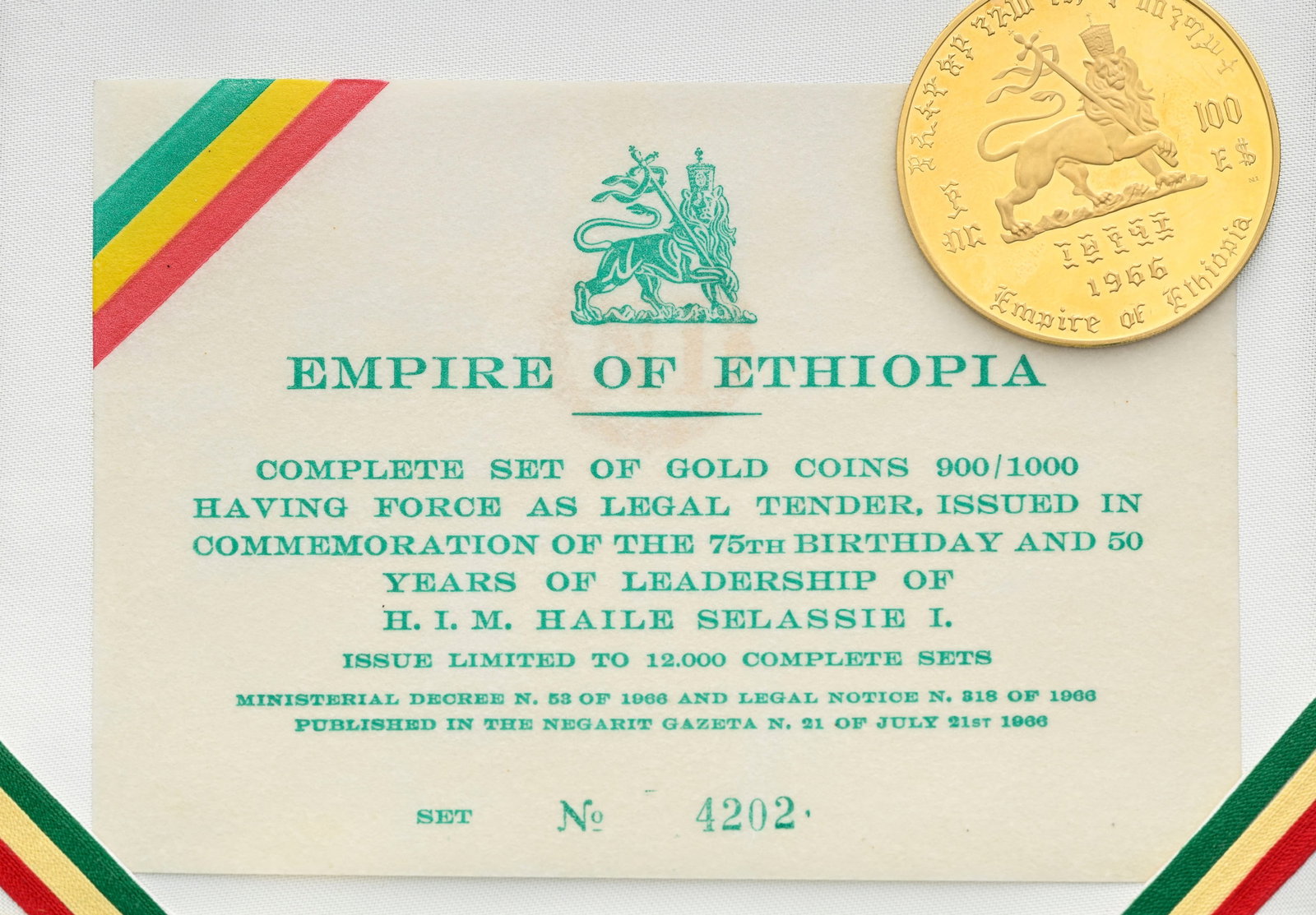 Empire d'Éthiopie, Coffret - série complète de cinq monnaies en or 900 (200 $, 100 $, - 6