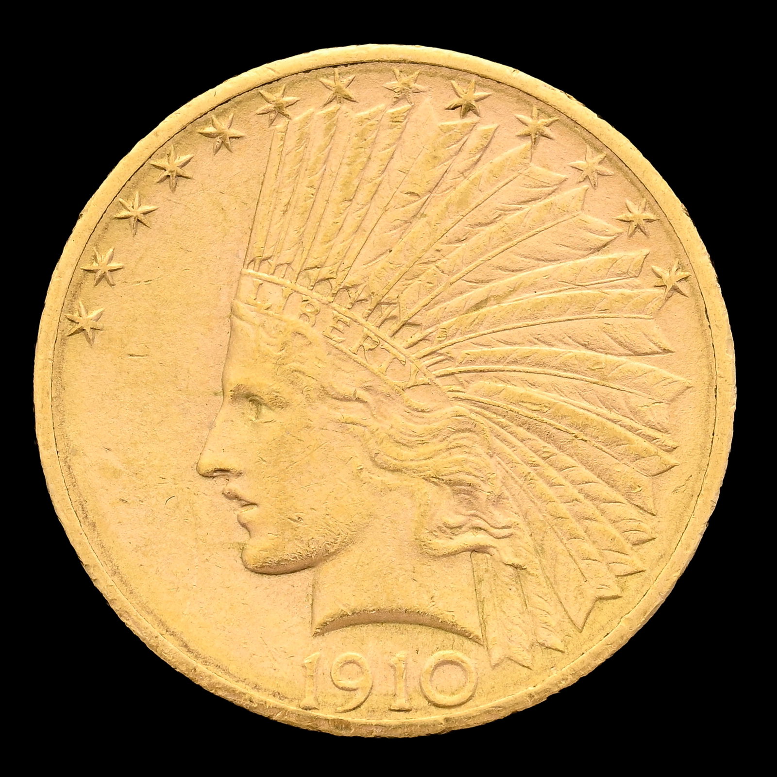 USA, 10 dollars or 1910 "Indian Head", Denver, avec devise, diam. 2,7 cm, 16,69 g.: USA, 10 dollars or 1910 "Indian Head", Denver, avec devise, diam. 2,7 cm, 16,69 g. Condition Etat de conservation : TTB ++ Veuillez vous référer aux photographies du lot (en HD et