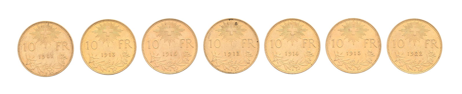 Confédération Helvétique, verticale de 7 vreneli de 10 francs : 1911 / 1912 / 1913 /  - 2