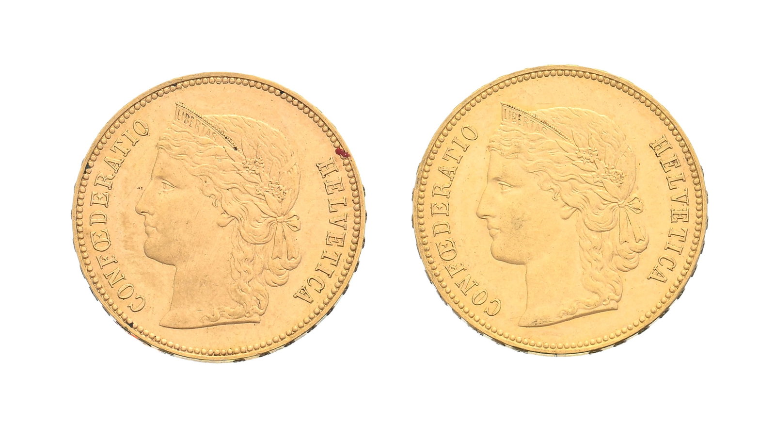 Confédération Helvétique, 2 pièces de 20 francs or type Helvetia, 1895 et 1896,  (1 of 2)