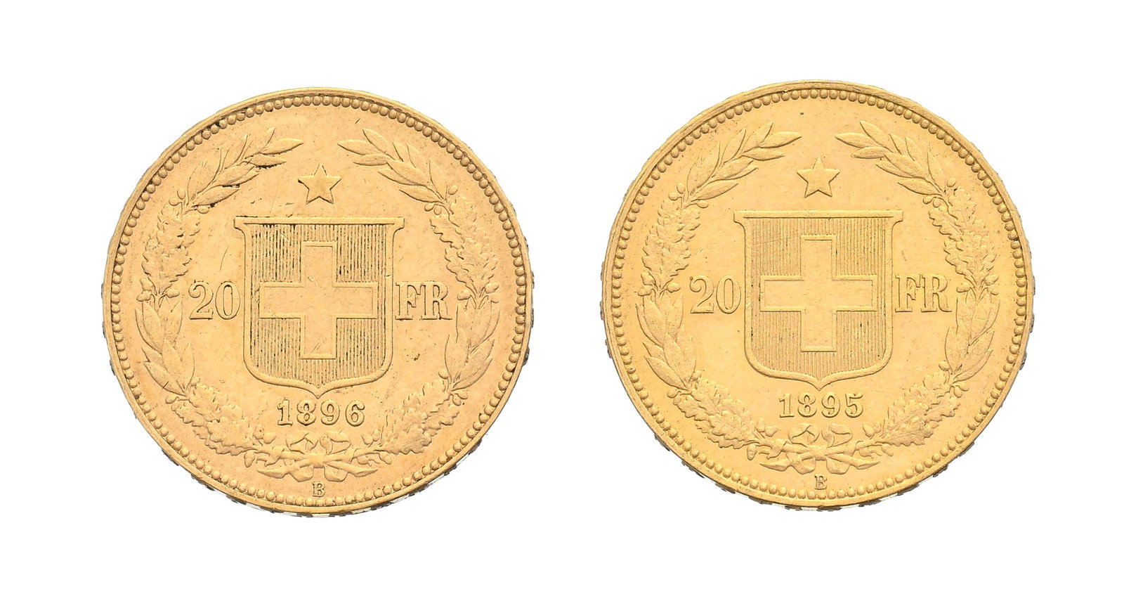 Confédération Helvétique, 2 pièces de 20 francs or type Helvetia, 1895 et 1896,  - 2