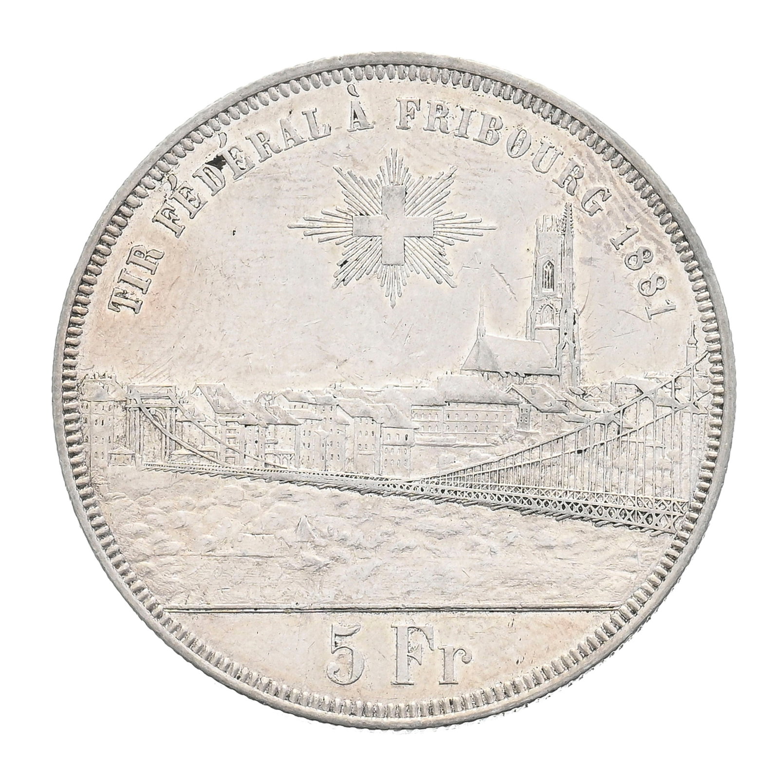 Tir Fédéral de Fribourg, 1881, écu de tir (5 francs) en argent, tranche cannelée: Tir Fédéral de Fribourg, 1881, écu de tir (5 francs) en argent, tranche cannelée, diam. 3,7 cm, 24,97 g. Condition Etat de conservation : TTB+ Veuillez vous référer aux