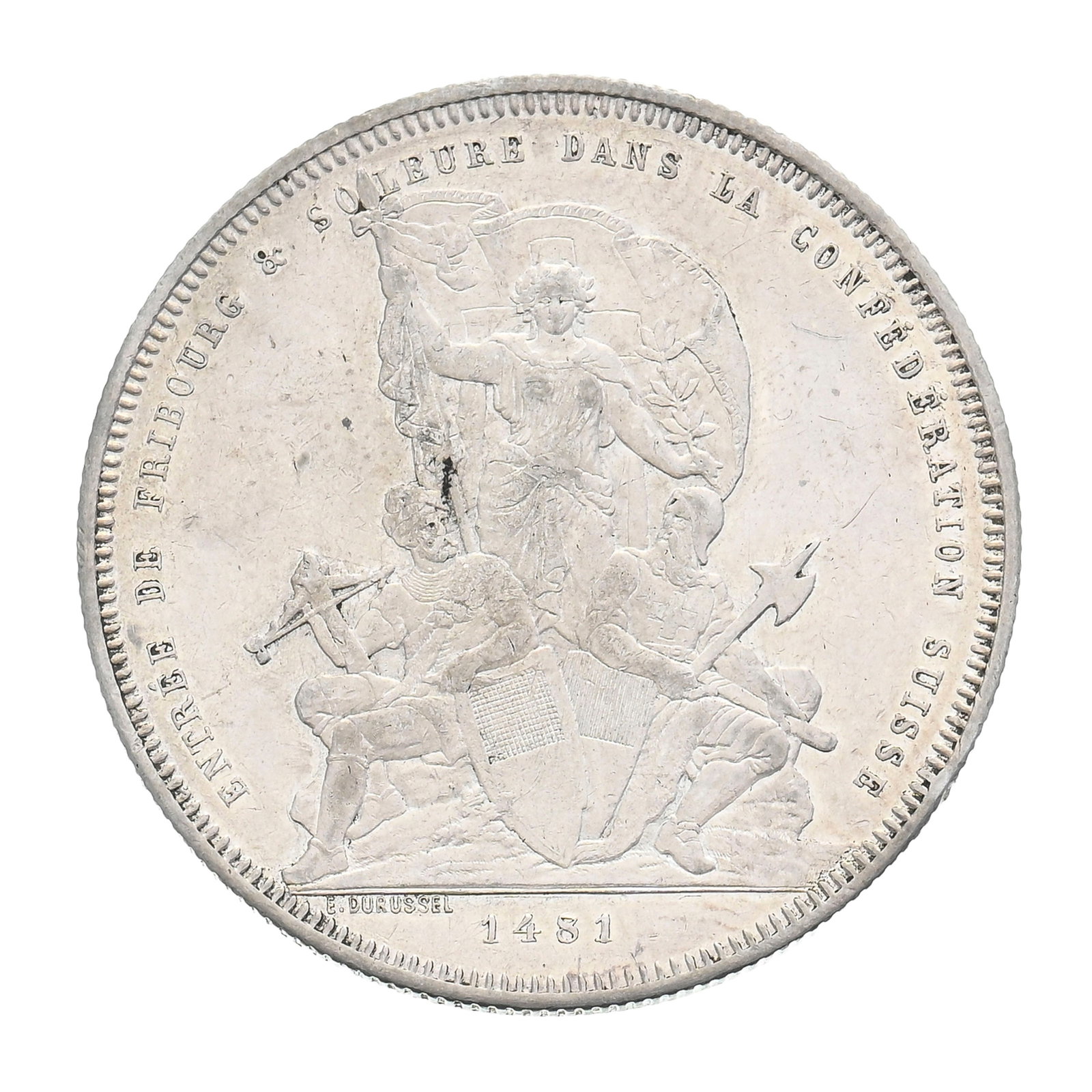 Tir Fédéral de Fribourg, 1881, écu de tir (5 francs) en argent, tranche cannelée - 2