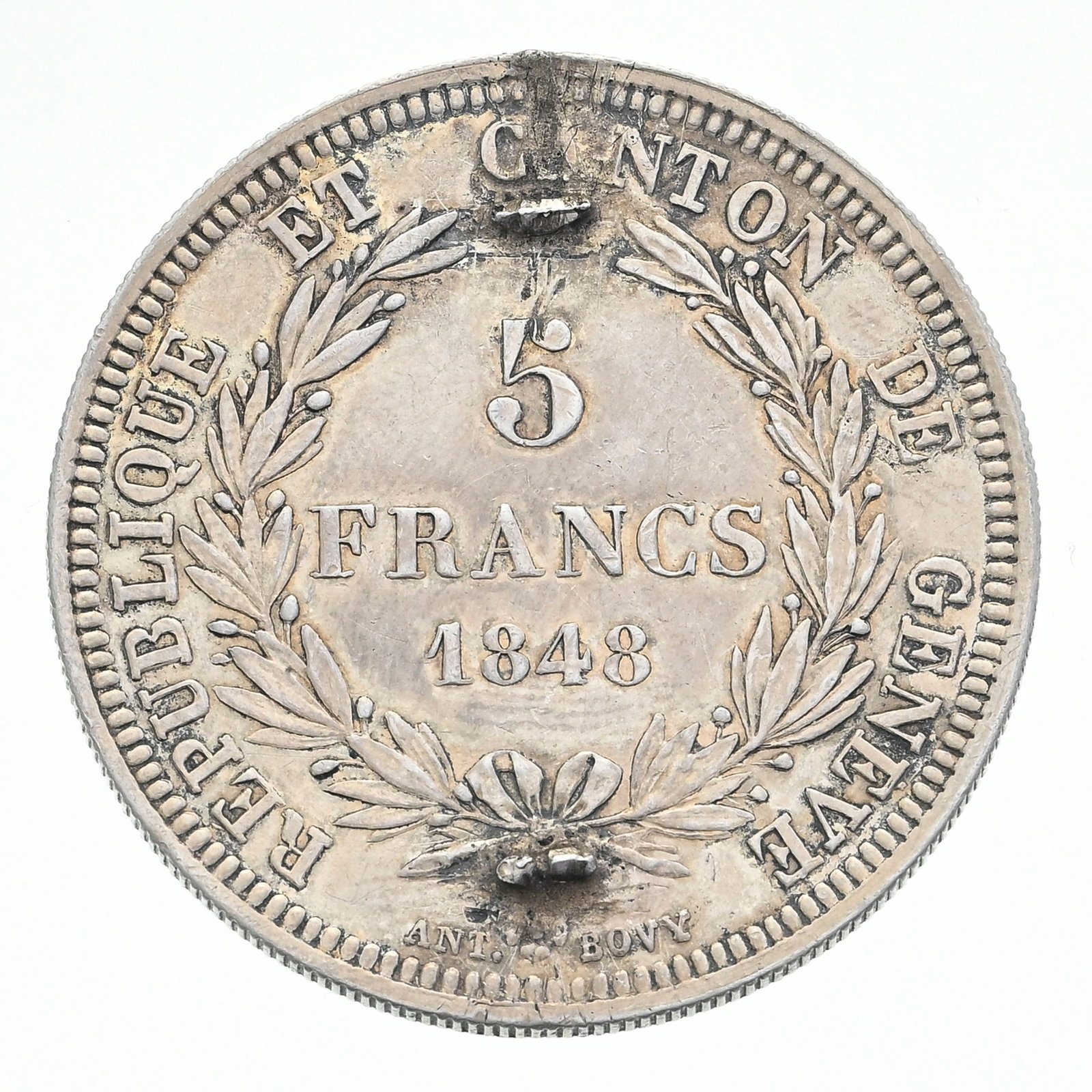 République et Canton de Genève, 5 francs 1848 en argent, tranche cannelée, frappé - 2