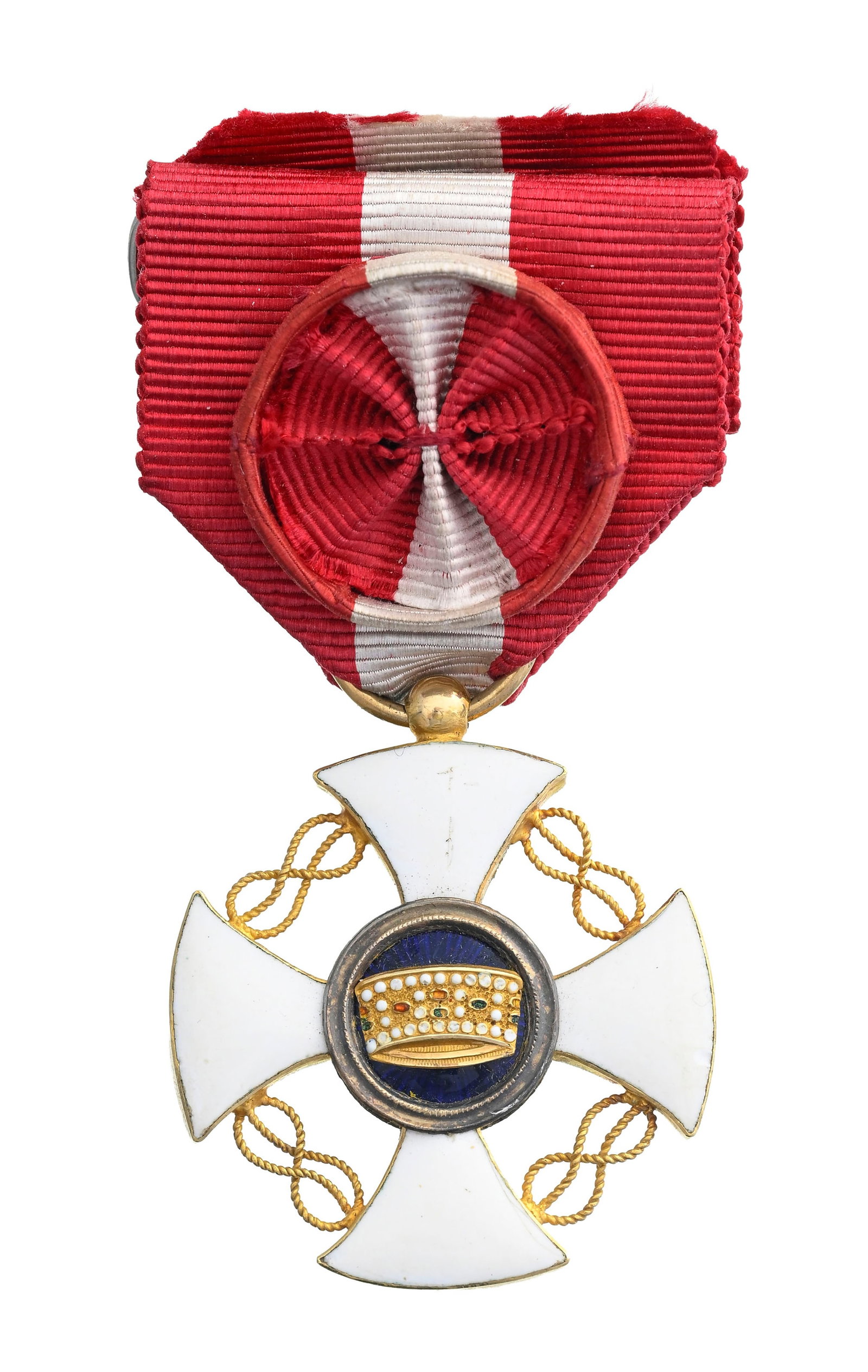 Royaume d'Italie, Ordre de la Couronne, fondé en 1868, croix d'Officier en or, vermeil et é: Royaume d'Italie, Ordre de la Couronne, fondé en 1868, croix d'Officier en or, vermeil et émail, XIXe s., dans son écrin originel à profil blasonné, diam. 3,5 cm, poids brut