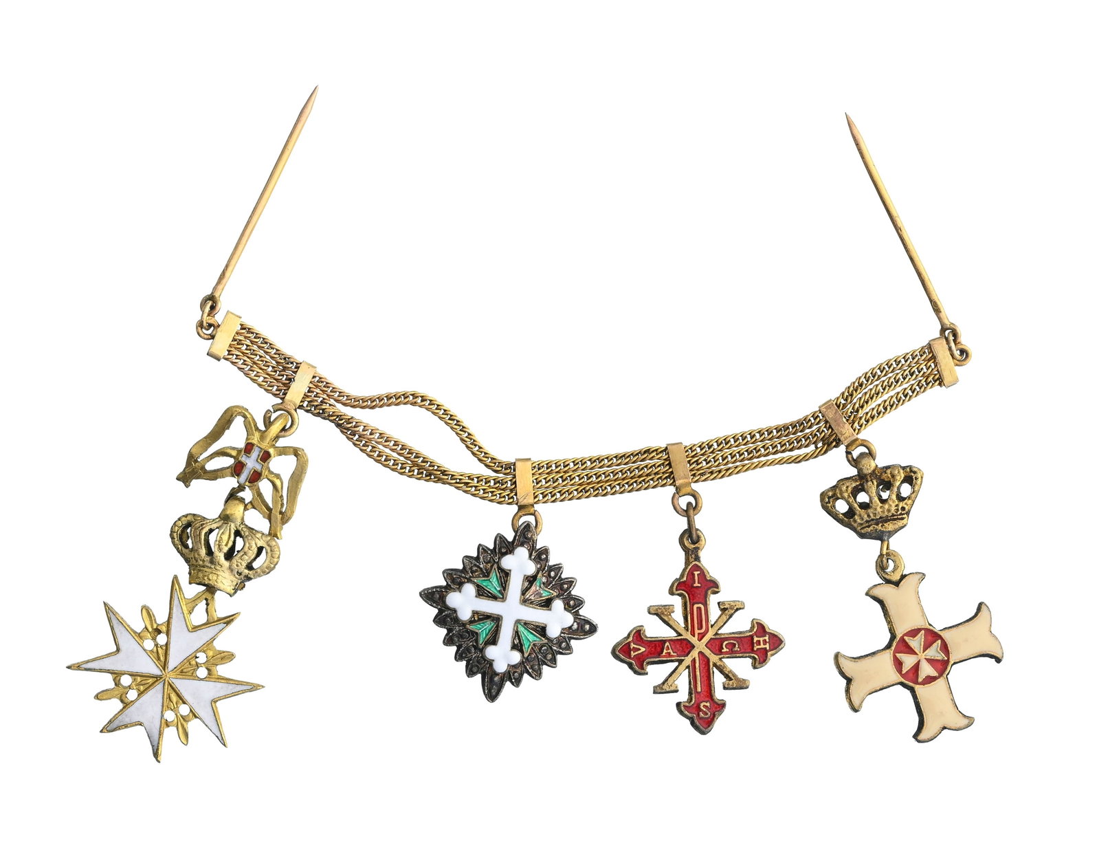 Chainette de gala en or à 4 réductions en vermeil et émail : Ordre de Malte, _Ordre d: Chainette de gala en or à 4 réductions en vermeil et émail : Ordre de Malte, Ordre des Saints Maurice et Lazare, Ordre Constantinien de Saint-Georges, Ordre du Mérite de Malte,