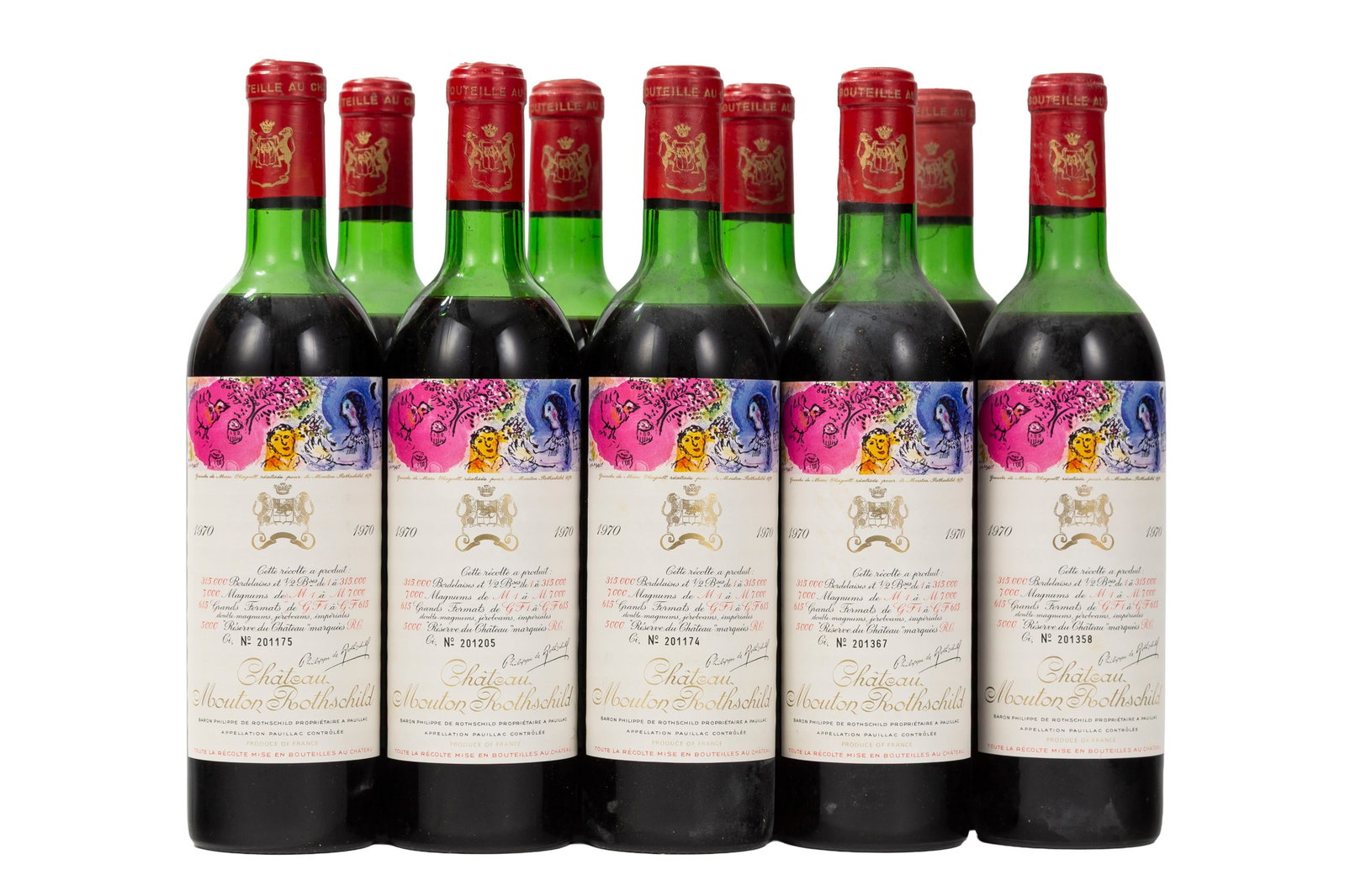 Ch. Mouton Rothschild, 1970, Pauillac, 1er grand cru classé, 9 bts: Ch. Mouton Rothschild, 1970, Pauillac, 1er grand cru classé, 9 bts Condition niveau mi-épaule et bas-épaule