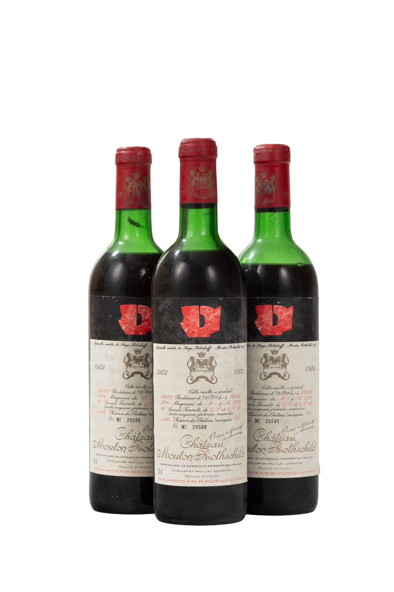Ch. Mouton Rothschild, 1972, Pauillac, 1er grand cru classé, 3 bts: Ch. Mouton Rothschild, 1972, Pauillac, 1er grand cru classé, 3 bts Condition niveau mi-épaule et bas-épaule couleur de la robe très claire