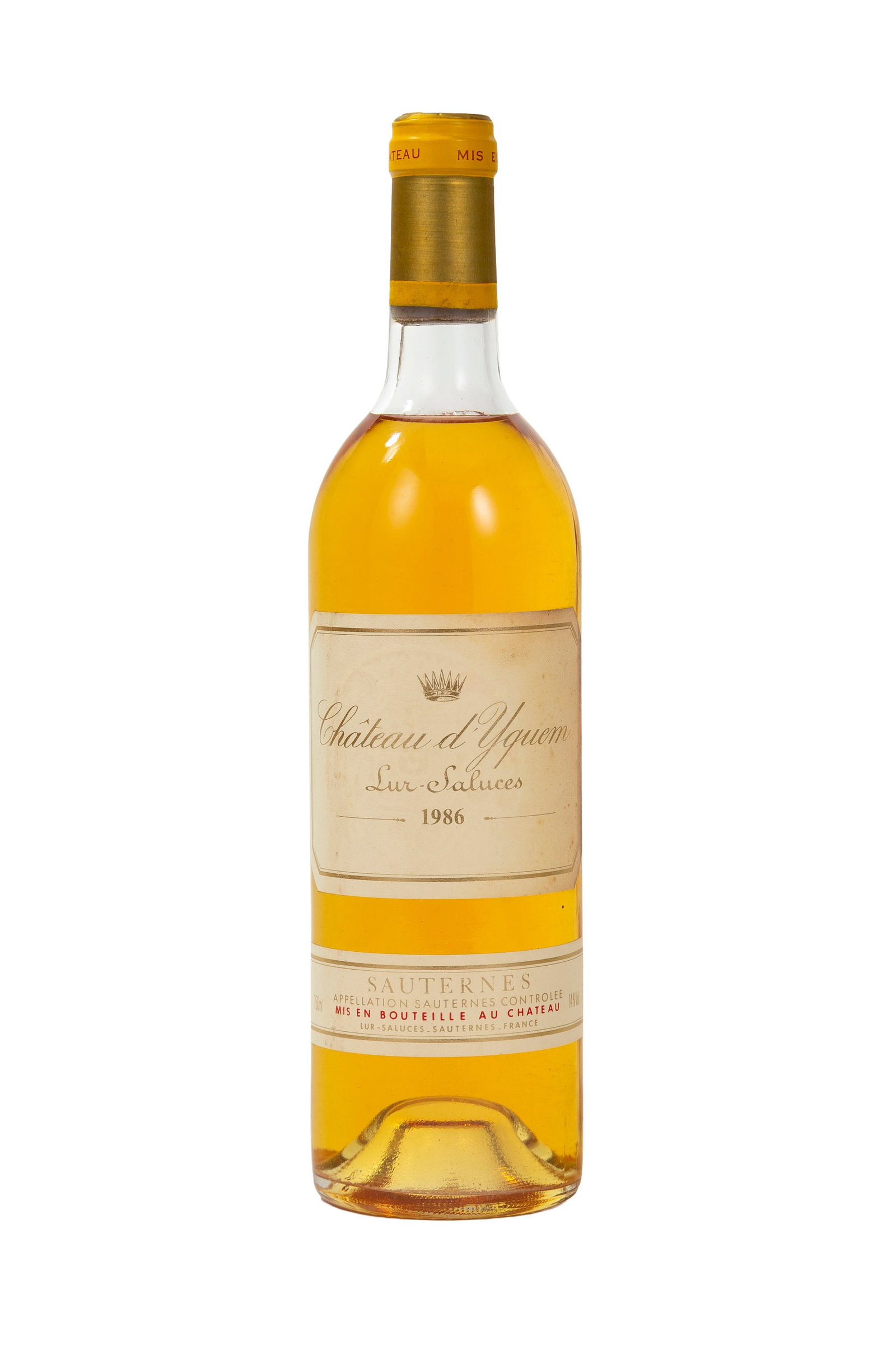 Ch. d'Yquem, 1986, Sauternes, 1er grand cru classé, 1 bt.: Ch. d'Yquem, 1986, Sauternes, 1er grand cru classé, 1 bt. Condition jaunissement de l'étiquette niveau très légèrement bas