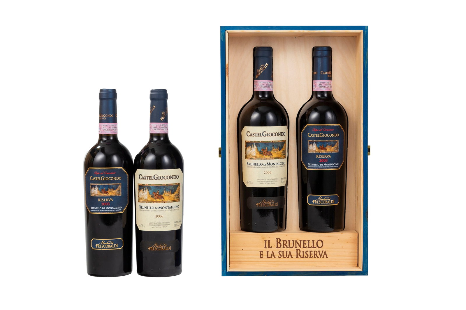 Castel Giocondo, 2003, 2006, Brunello di Montalcino, Marchesi di Frescobaldi, 4 bts dans 2 coffrets : Castel Giocondo, 2003, 2006, Brunello di Montalcino, Marchesi di Frescobaldi, 4 bts dans 2 coffrets en bois
