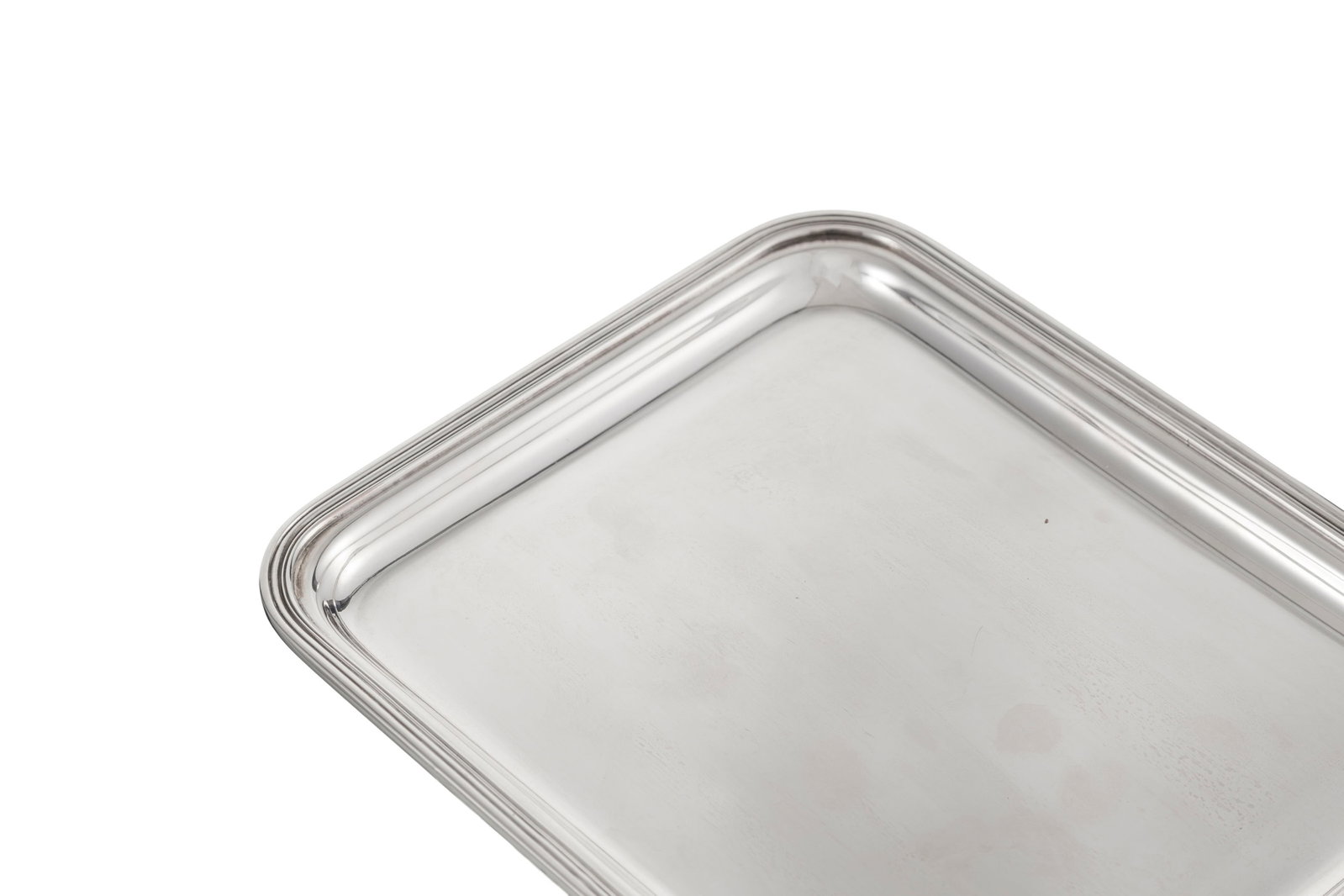 Ensemble d'1 petit plateau rectangulaire décor filets en métal argenté, 1 soucoupe St - 5