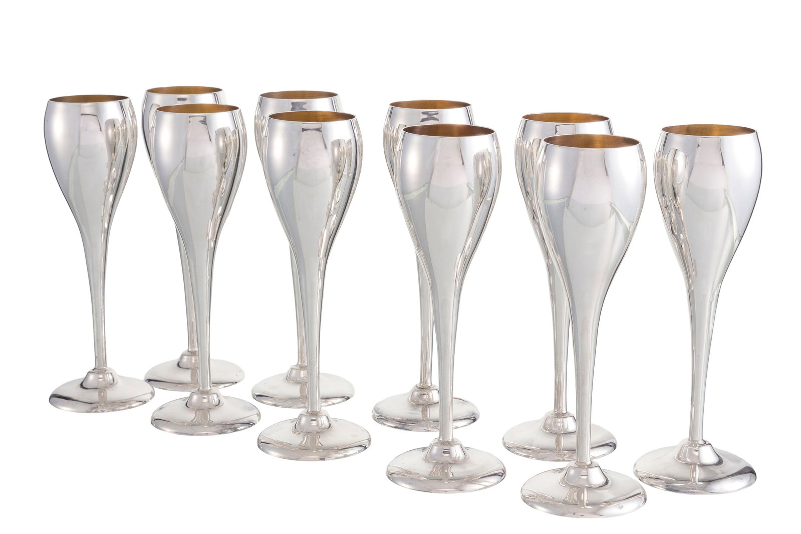 Suite de 20 flûtes à champagne en métal argenté et doré, XXe s., 2 formats, - 2