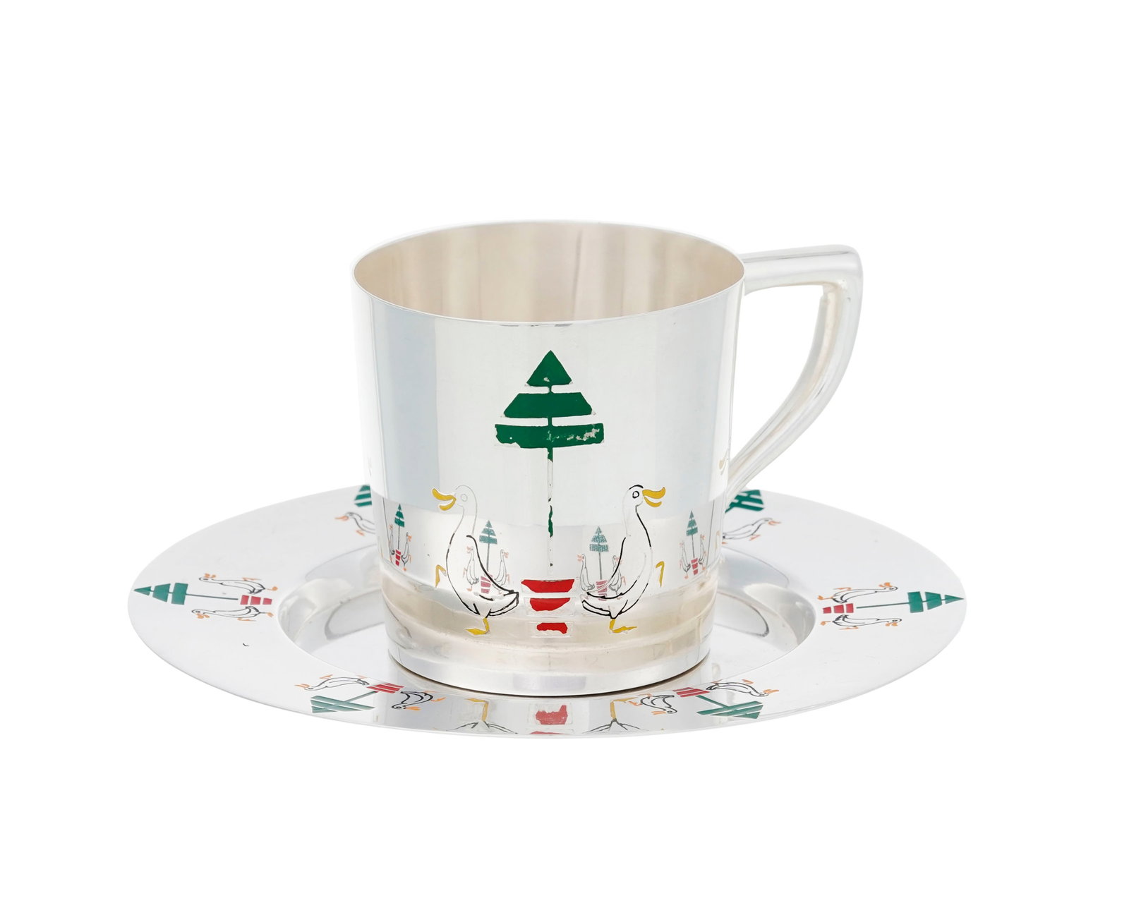 Tasse et soucoupe en argent Sterling, Cartier, à décor émaillé de canards et sap - 2